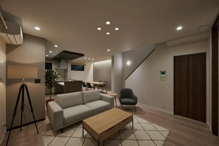 玉善の建売住宅、豊橋市堂坂町T3棟のリビングの夜の写真