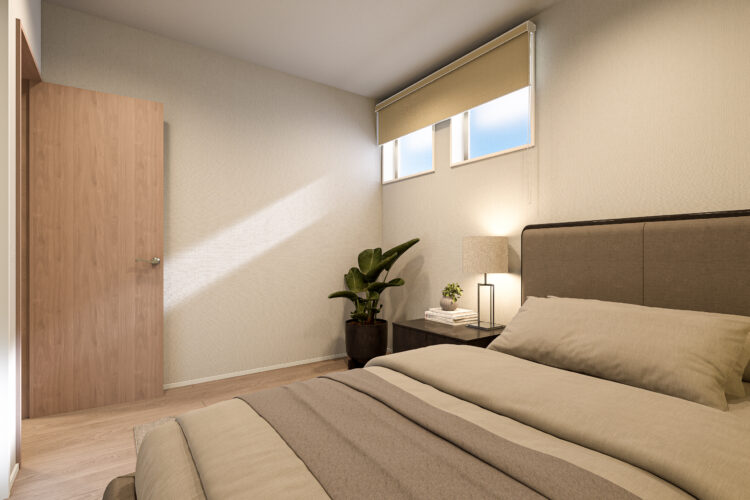 子ども部屋: 高い位置に窓を設けた子ども部屋。明るさを保ちながら、机やベッドの自由な配置を可能にしている。
