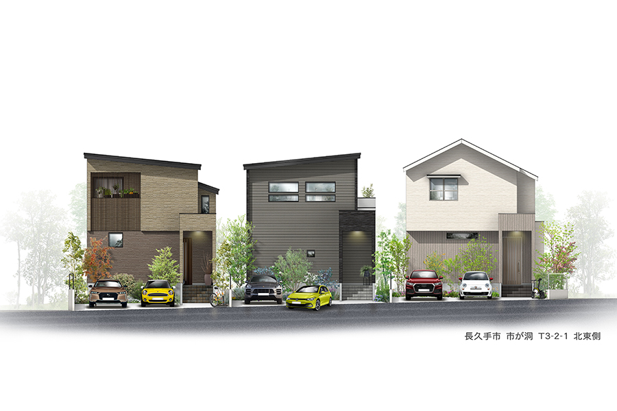 左からT-3、T-2、T-1／43坪超の敷地に建つ、ZEH＋の快適性に太陽光発電＆HEMSで省エネ性能にも優れた高性能住宅。