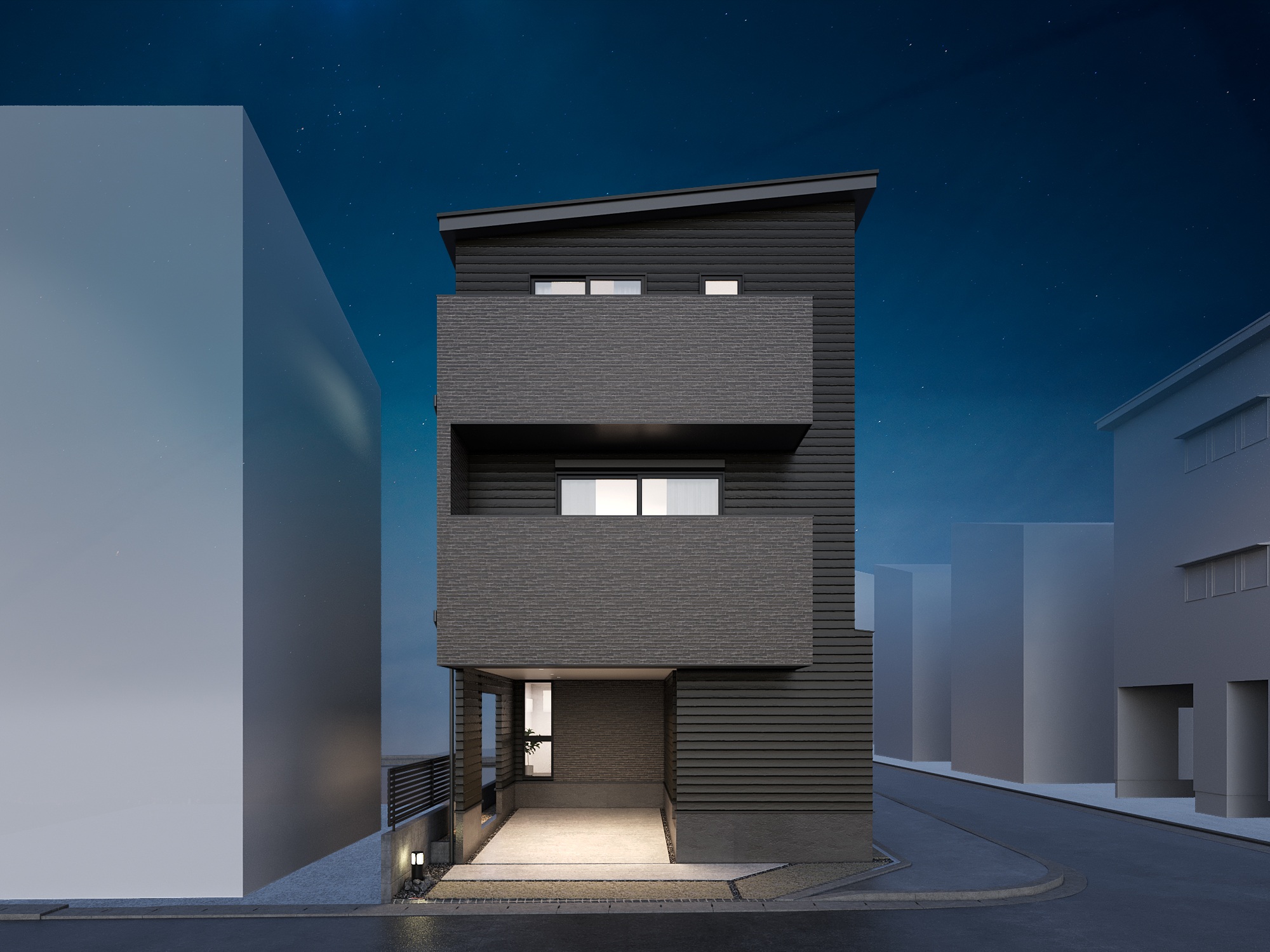 T2　外観パース(夜)二面道路である角地は建物がより大きく見え、存在感が際立ちます。風通しや日当たりも良く、土地の資産価値として魅力的です。