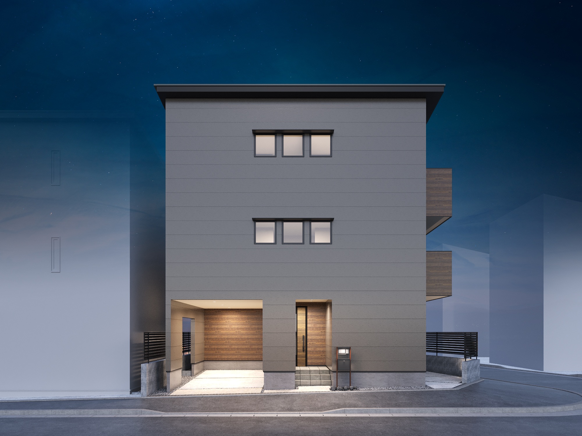 T2　外観パース(夜)全棟、構造計算済の玉善の住まい。耐震３等級と制振ダンパーを標準仕様とする玉善の住まいであるからこそ安心して暮らせます。