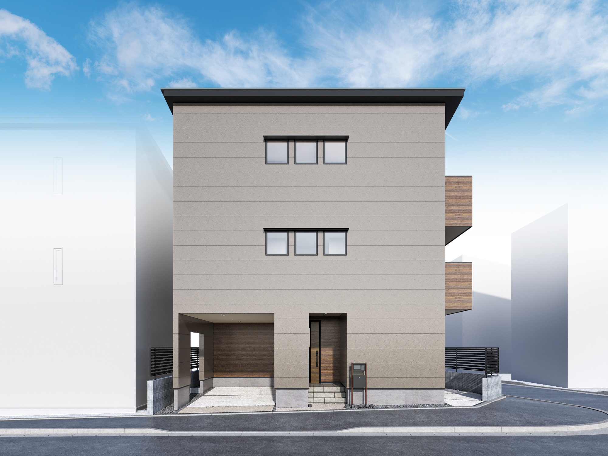 T1　外観パース(昼)(2025.05初旬  完成予定)デザイン、品質に特化する玉善の住まい。帰りたくなる家！暮らしを快適にする品質！設計士の想いが詰まった全２棟です。