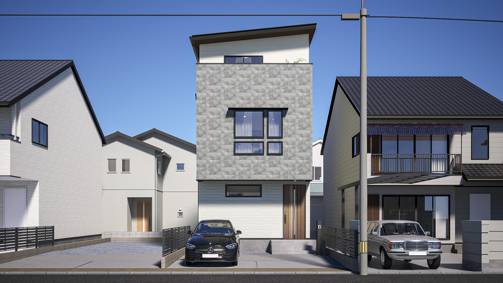 T-2／並列駐車2台可能な3階建ての住まい。高い耐震性と優れた断熱性で安心＆快適な住み心地の良い住まい。