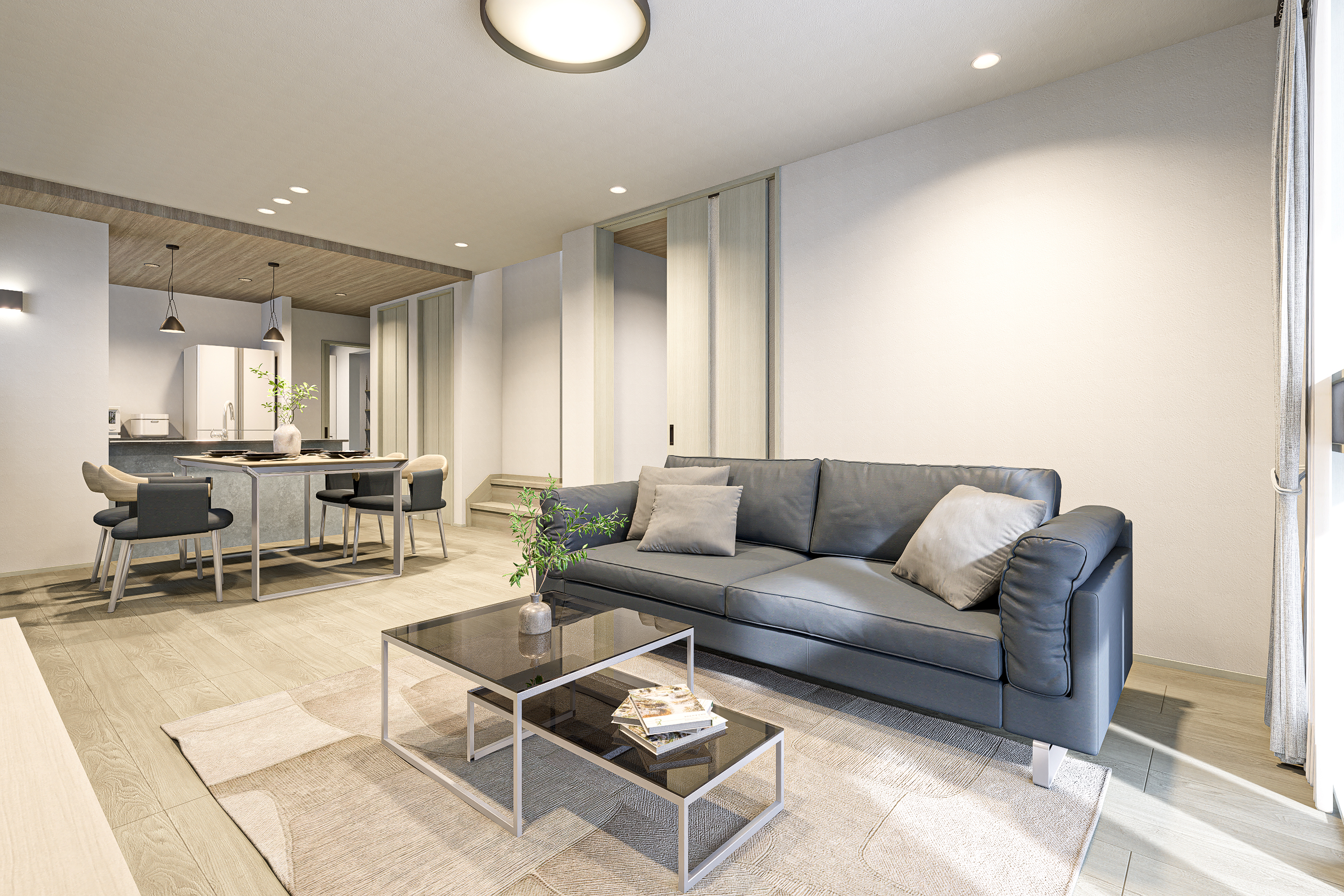 T-4完成予想図/18.9帖のLDKはスッキリとした空間デザインに、抜け感をもたらすリビング階段で更なる開放感を。