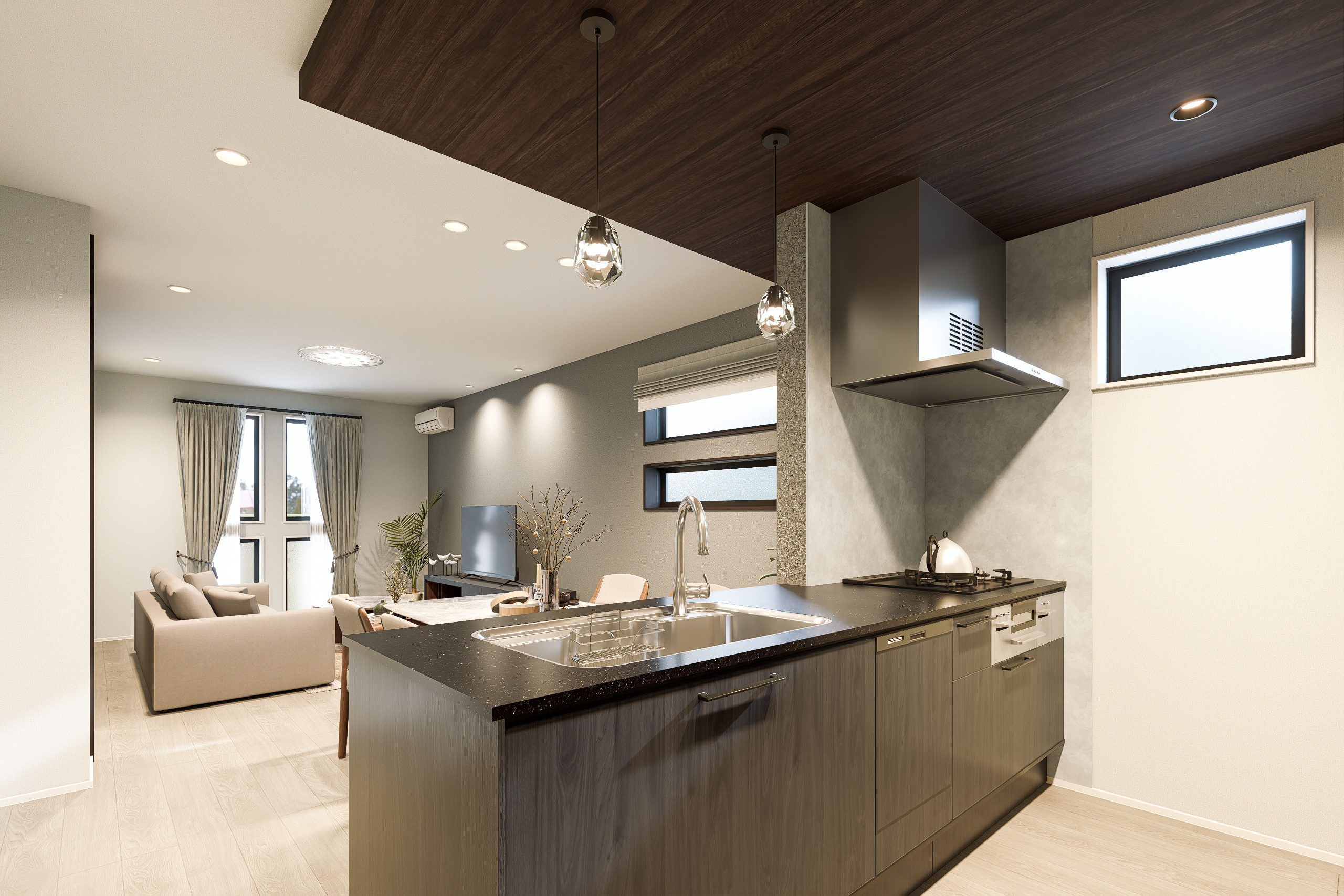 T-5完成予想図/リビング全体が見渡せる安心感と、多彩な設備を備えたキッチンがもたらす利便性が調和。