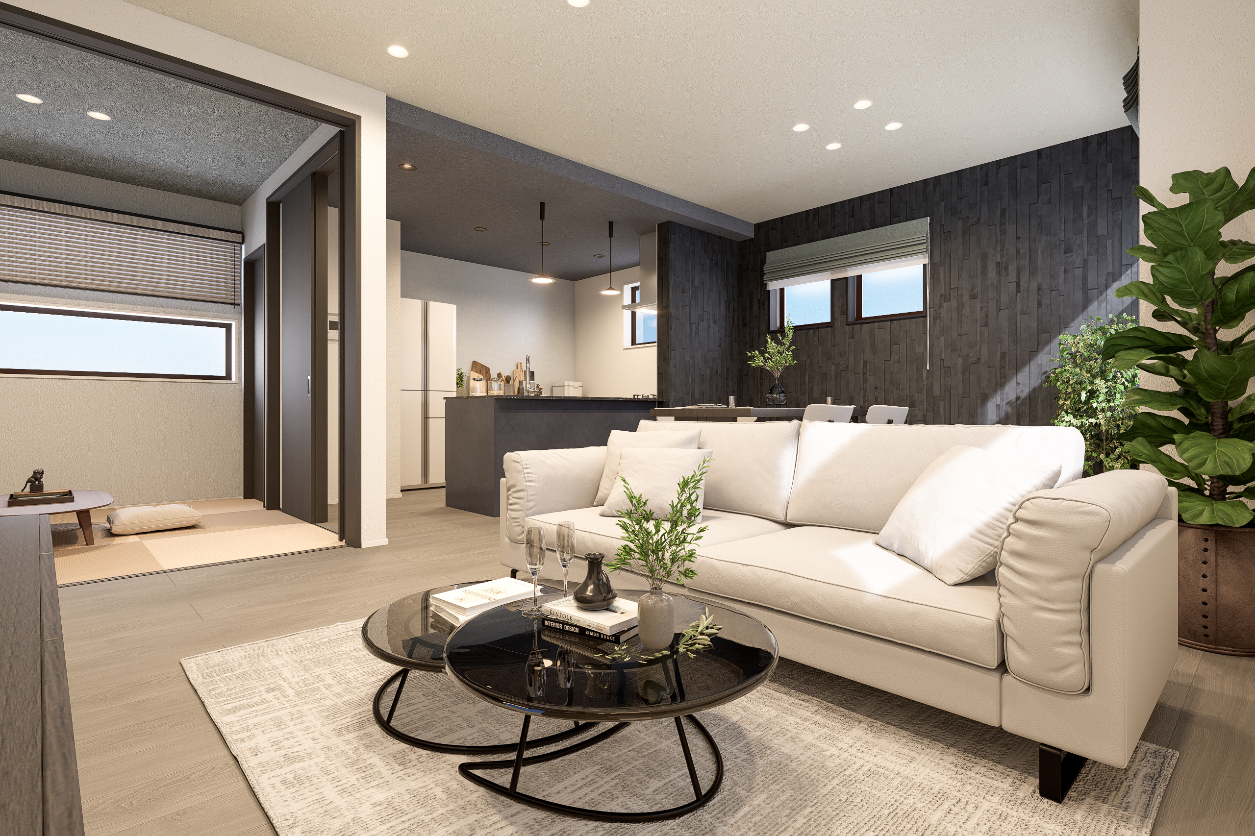 T-1／シックで落ち着きのあるリビングダイニング。4.5帖の続間和室のあるゆとりある間取りプラン。 ※イメージとなります