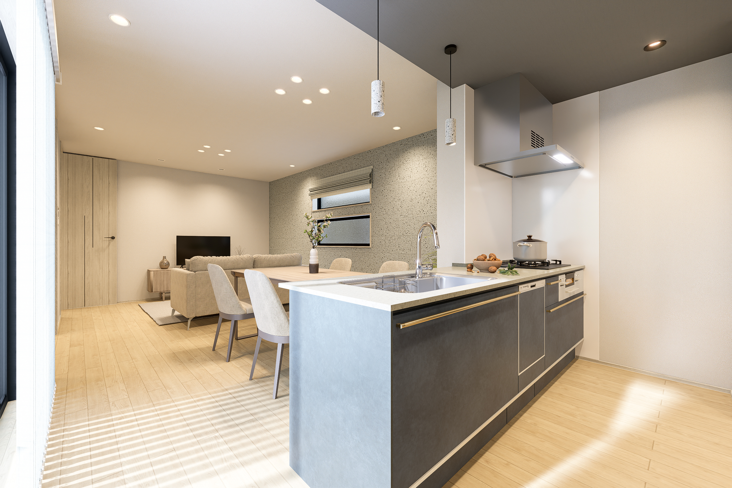 T-4／フラットな対面キッチンは奥行きもあって使いやすく、手元も広々。お子さんの笑顔も見守れます。 ※イメージとなります