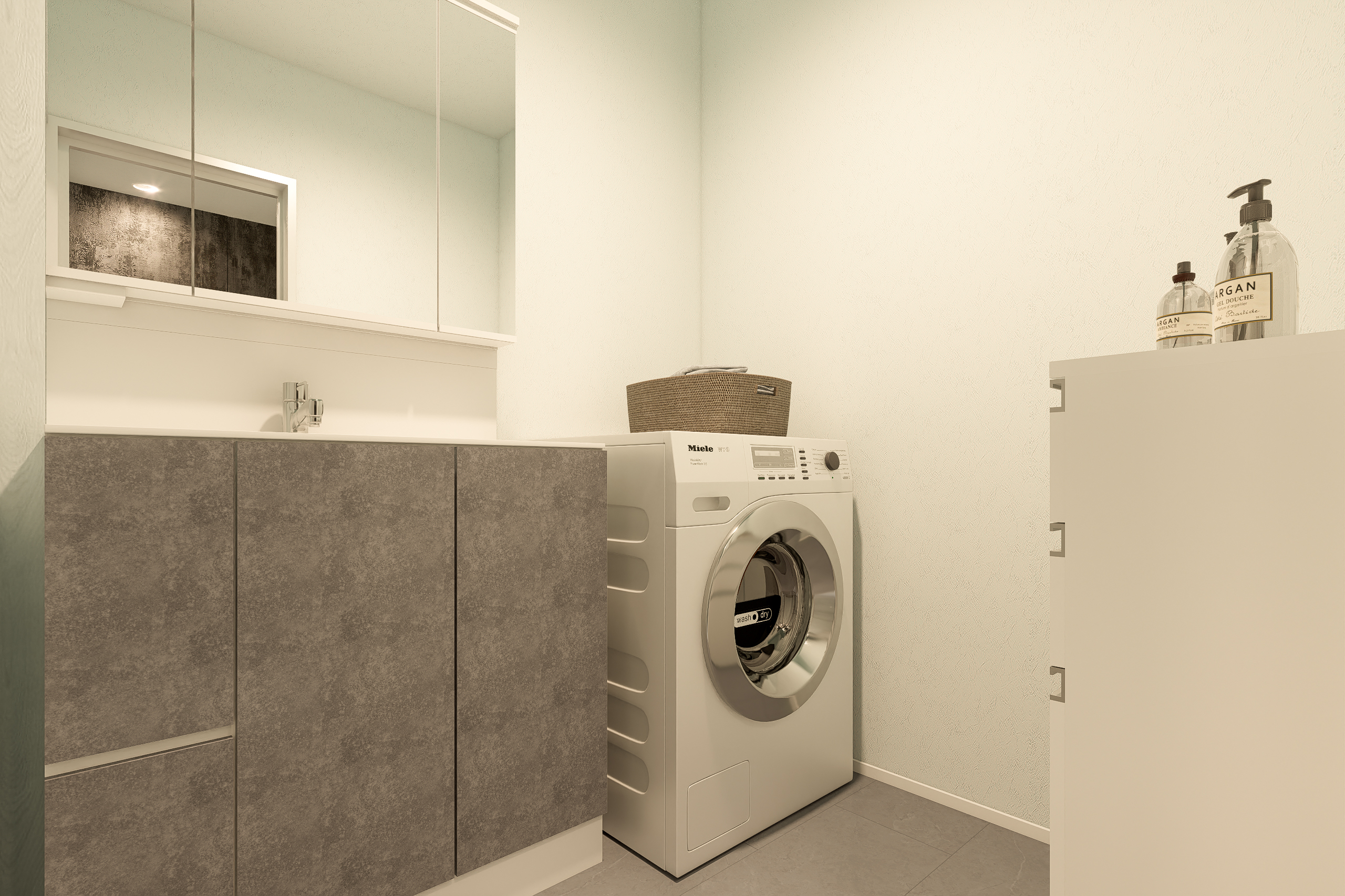 T-1／清潔感のある爽やかな洗面脱衣室にはワイドな洗面台や洗濯機が使いやすいレイアウトで配置可能。 ※イメージとなります