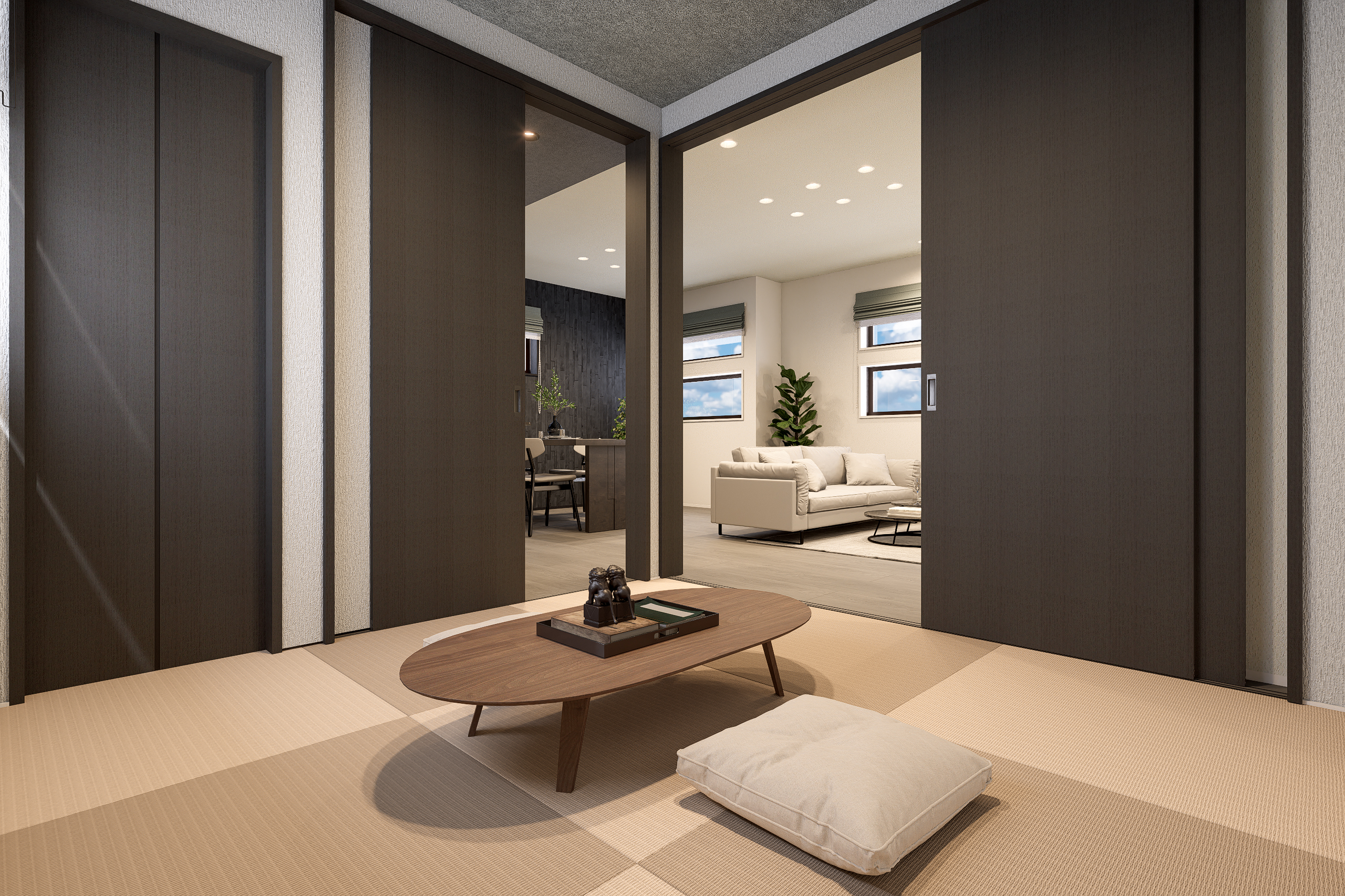 T-1／市松柄に縁無し畳を敷き詰め、モダンに仕上げた和室。2面を開ければ開放感を、閉めて個室としても利用可能。 ※イメージとなります