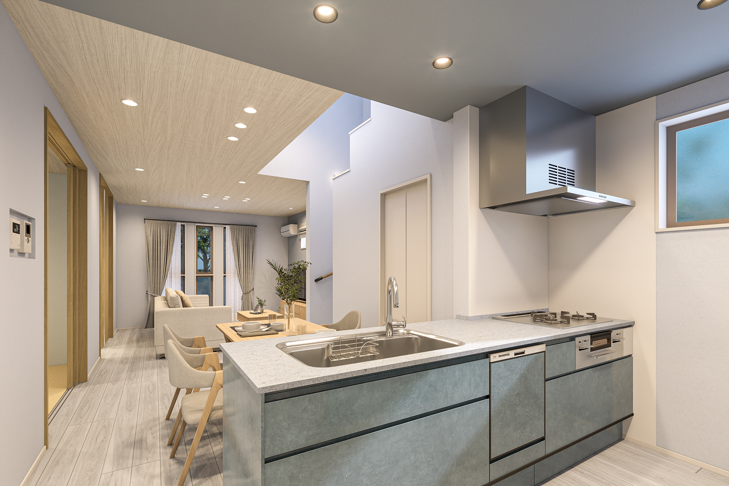 T-3／家族の様子を見守りながら家事ができる対面フラットキッチン。充実の設備で毎日の家事を手軽にサポート！ ※イメージとなります