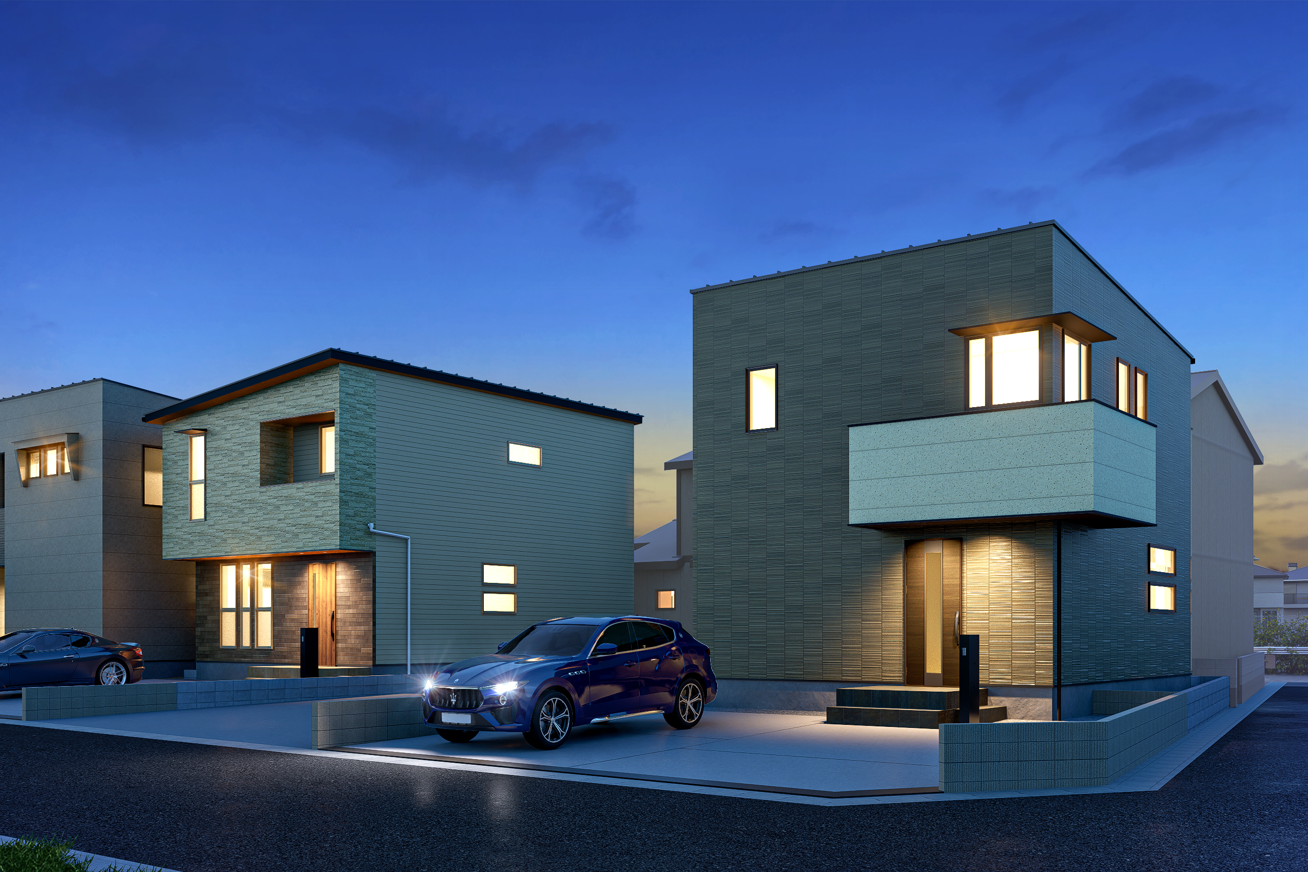 T-1／夜の静けさの中で、住まいの美しさと安心感をより一層感じられる、ワンランク上の邸宅です。 ※イメージとなります