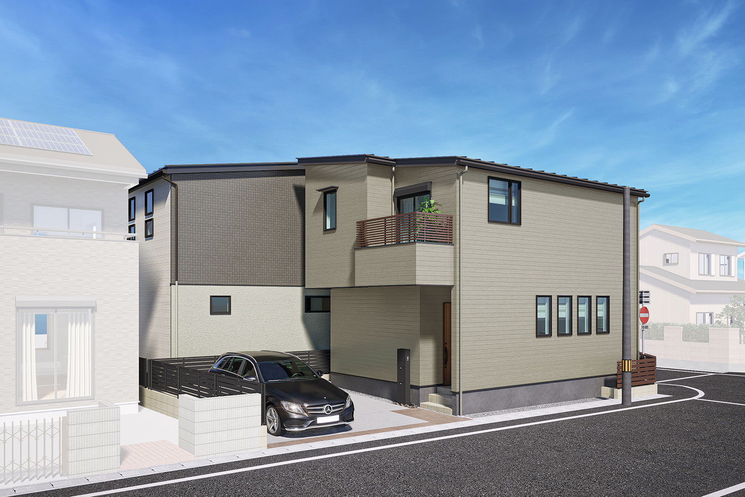 T-3／東南角地＆ワイド間口の快適住空間。古木材をイメージした柄でシンプルな外観ながら個性が際立つデザイン。
