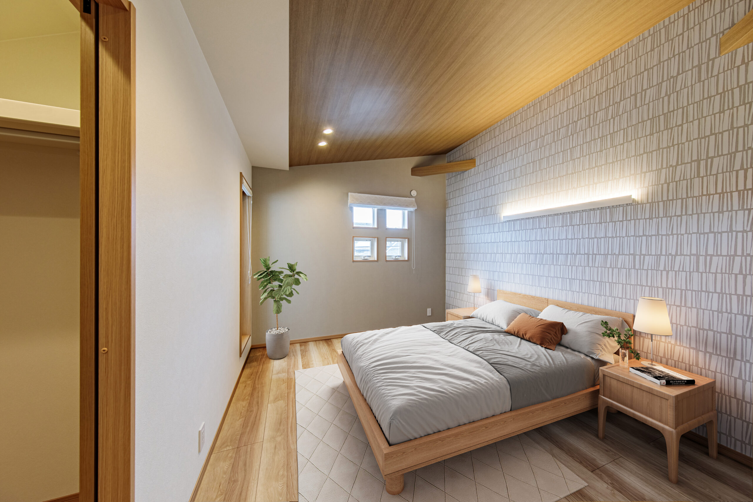 T-7／高い勾配天井が開放感を演出する主寝室には、収納力のあるWICをご用意。