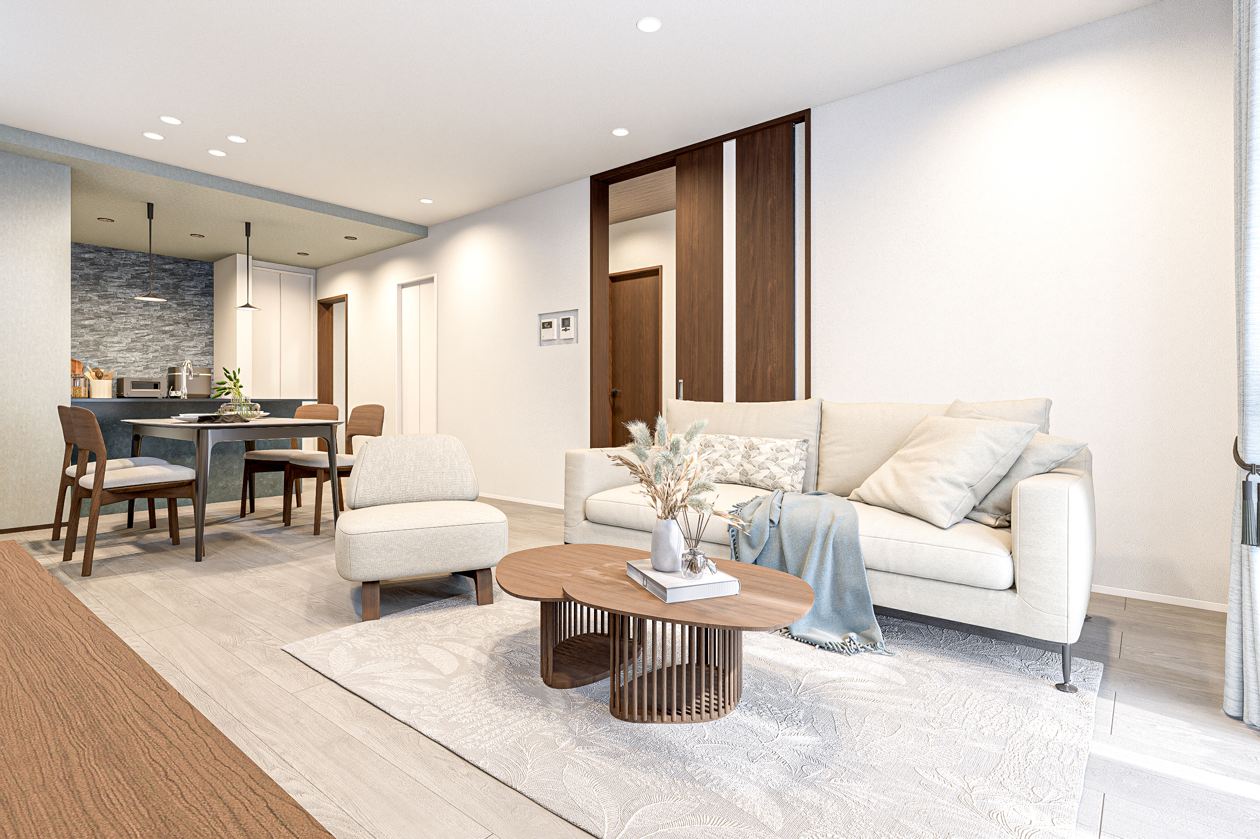 T-4／家族が一番集まる場所だからこそ、明るさと開放感にこだわりました。18帖超の南向きリビングが、笑顔の毎日を育みます。