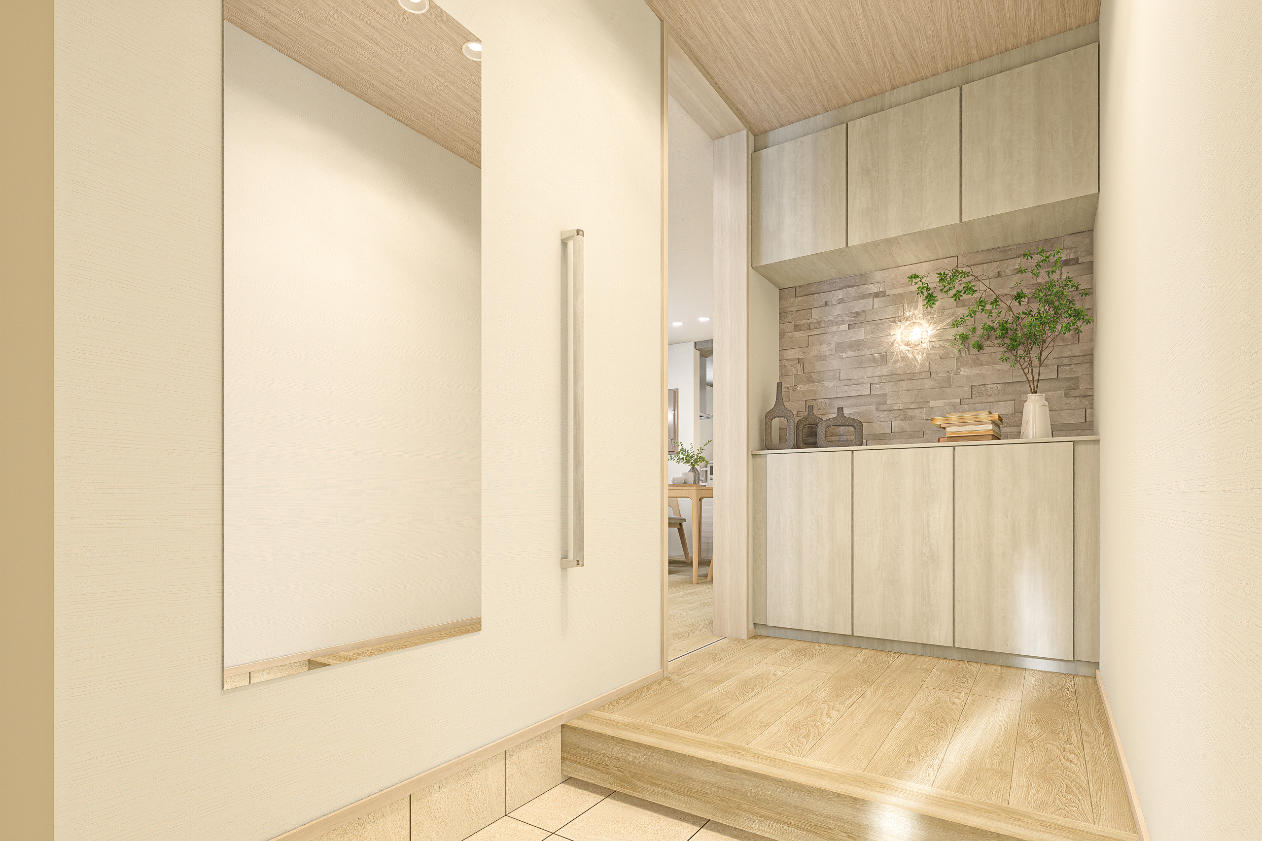 Tｰ2／玄関のアクセントウォールに設えた飾り棚。季節の花やアートを飾って、我が家らしいおもてなしの空間を演出できます。