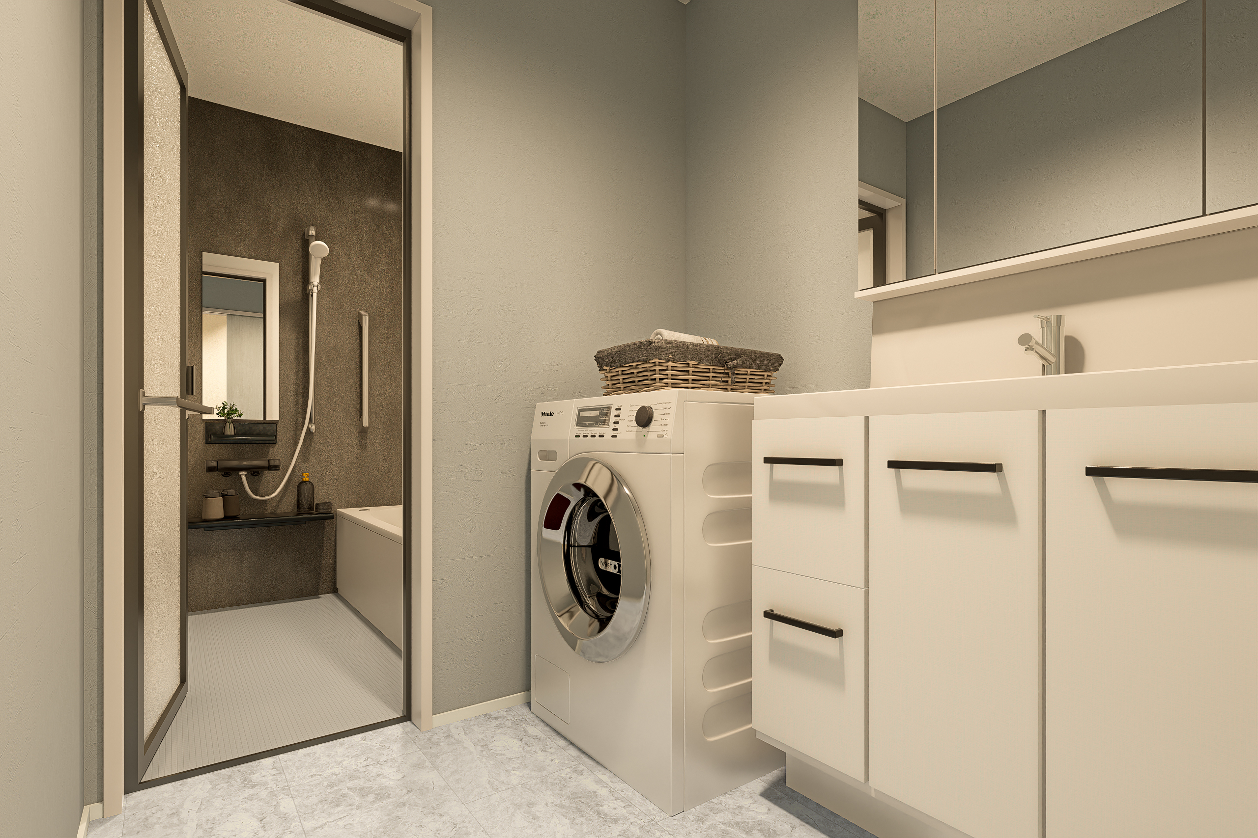 T-2／朝、2人並んでもゆとりのある洗面台。たっぷり収納できるから、カウンターはいつもスッキリ。快適な毎日が始まります。