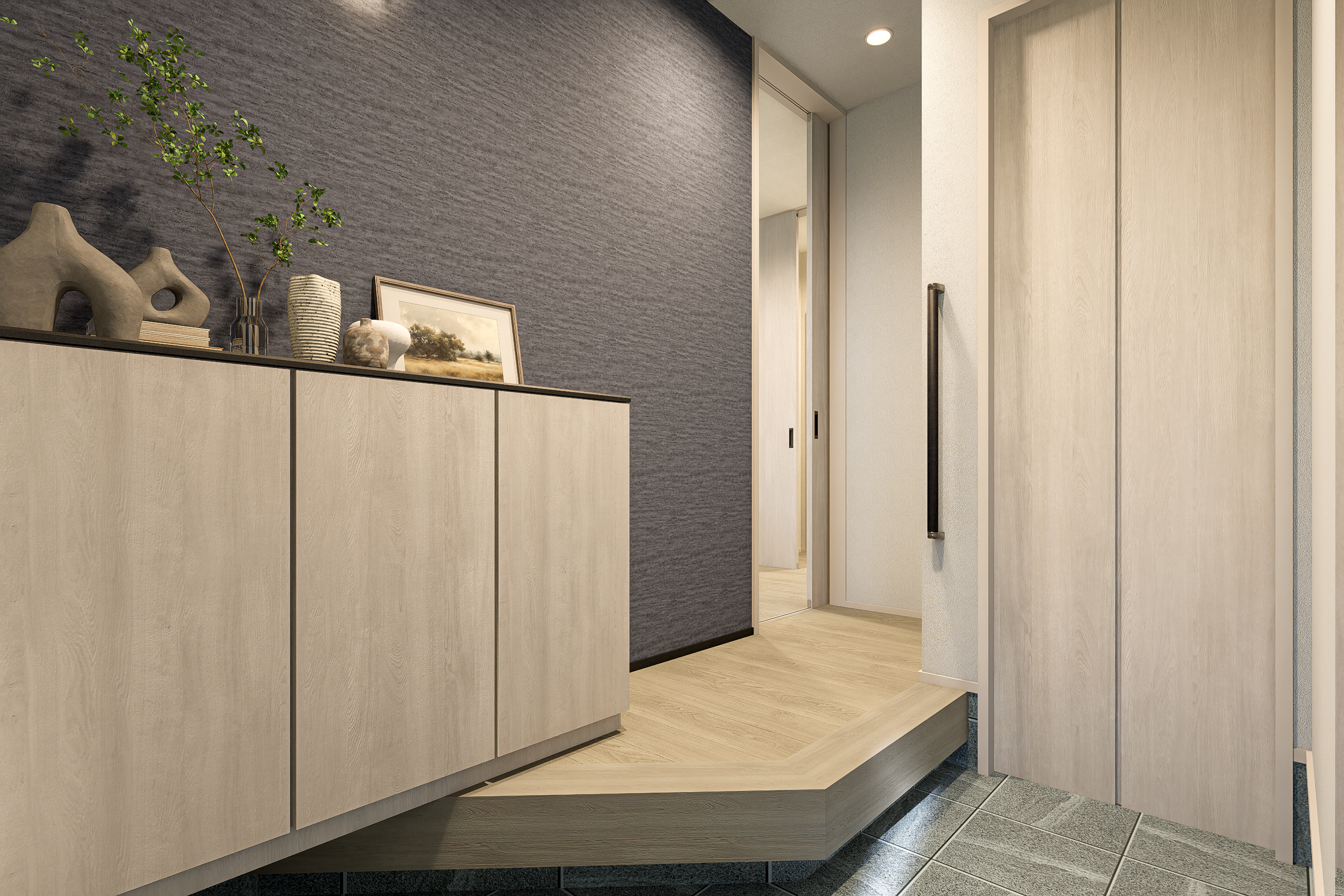 T-2／美しい木目と落ち着いた色調が織りなす迎賓空間。玉善が創るホテルライクな玄関で、日々の暮らしをより豊かにします。