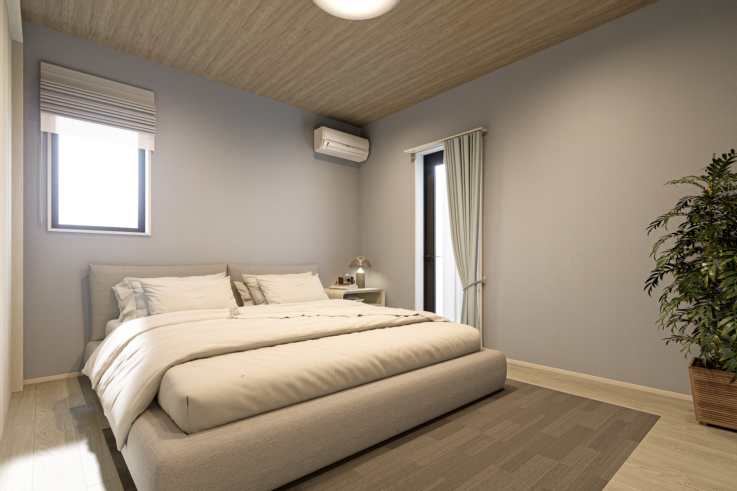 T-2／天井の木目調が美しい、ゆとりの主寝室。大型バルコニー付きで、空間により一層の開放感が広がります。