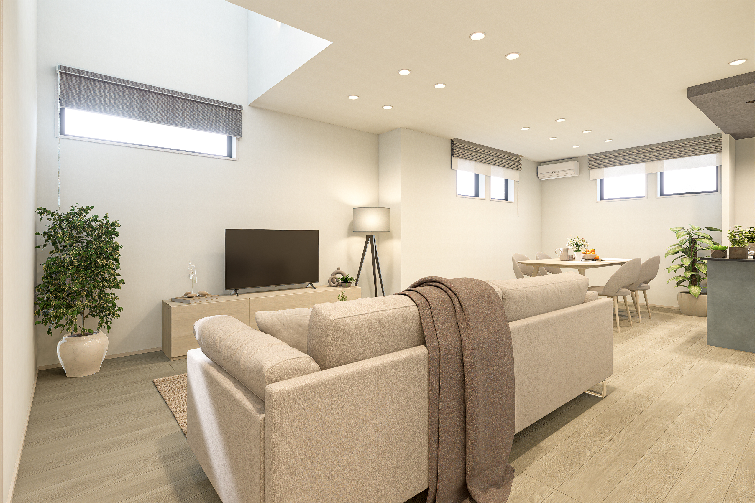 T-2／リビングとダイニングが緩やかにつながり、心地よい距離感を演出。思い思いに過ごしながらも、家族の温もりを感じる空間。