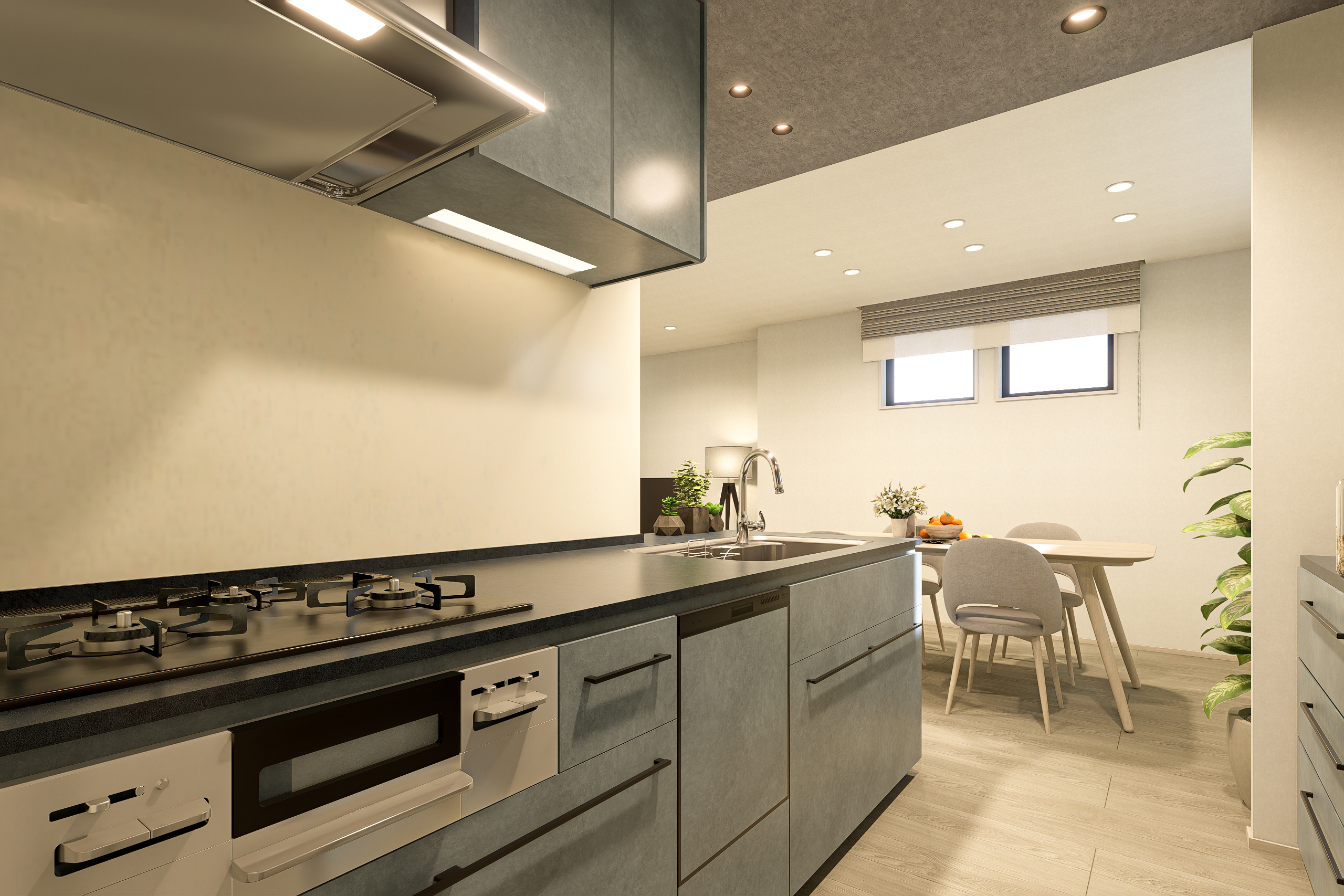 T-2／いつも綺麗が続くキッチン。上部吊戸棚の収納力と、お手入れしやすい素材が、日々の家事をぐっと楽にします。