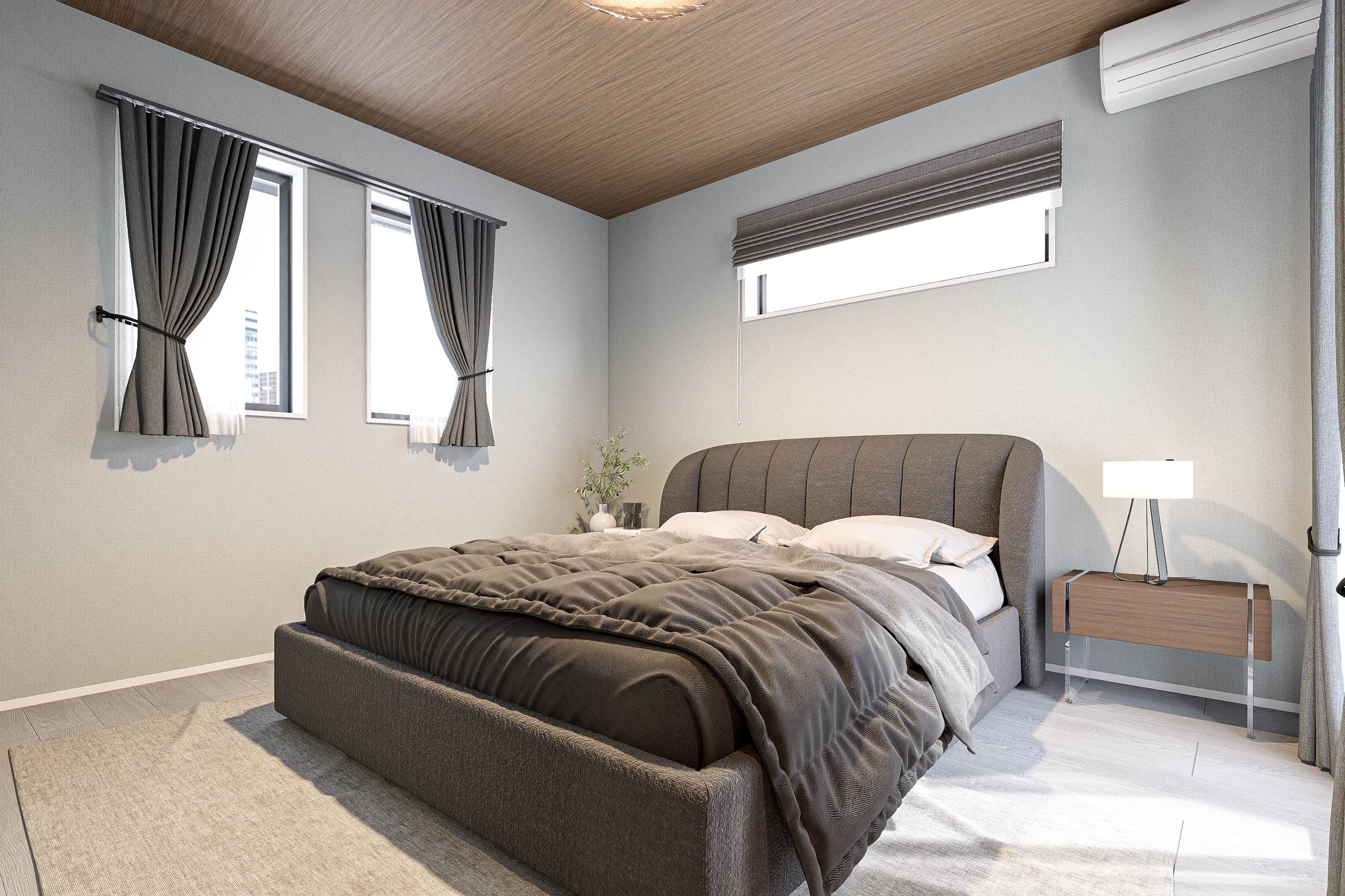 T-4／シンプルだからこそ、上質な落ち着きが際立つ主寝室。グレーで統一されたモダンな空間が、一日の疲れをリセットする安らぎの時間を演出します。