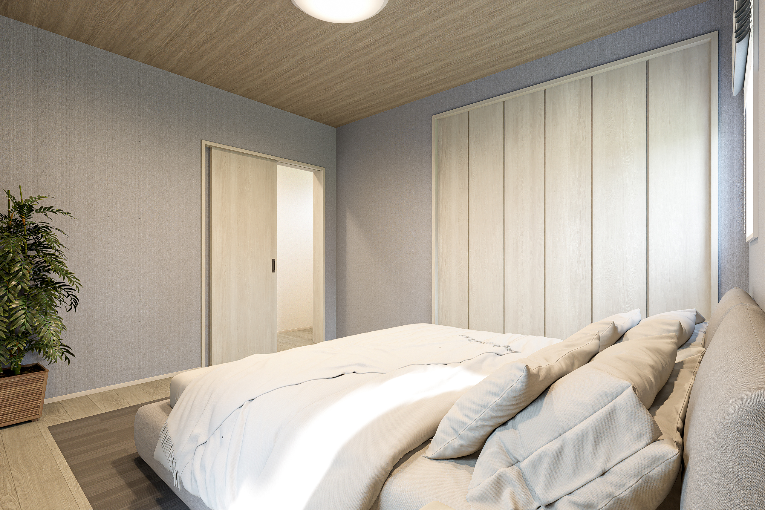 T-2／圧迫感を与えない、壁一面の大型クローゼット。木目調の天井と調和し、洗練された寝室を演出します。お気に入りの服を美しく収納し、豊かな時間を