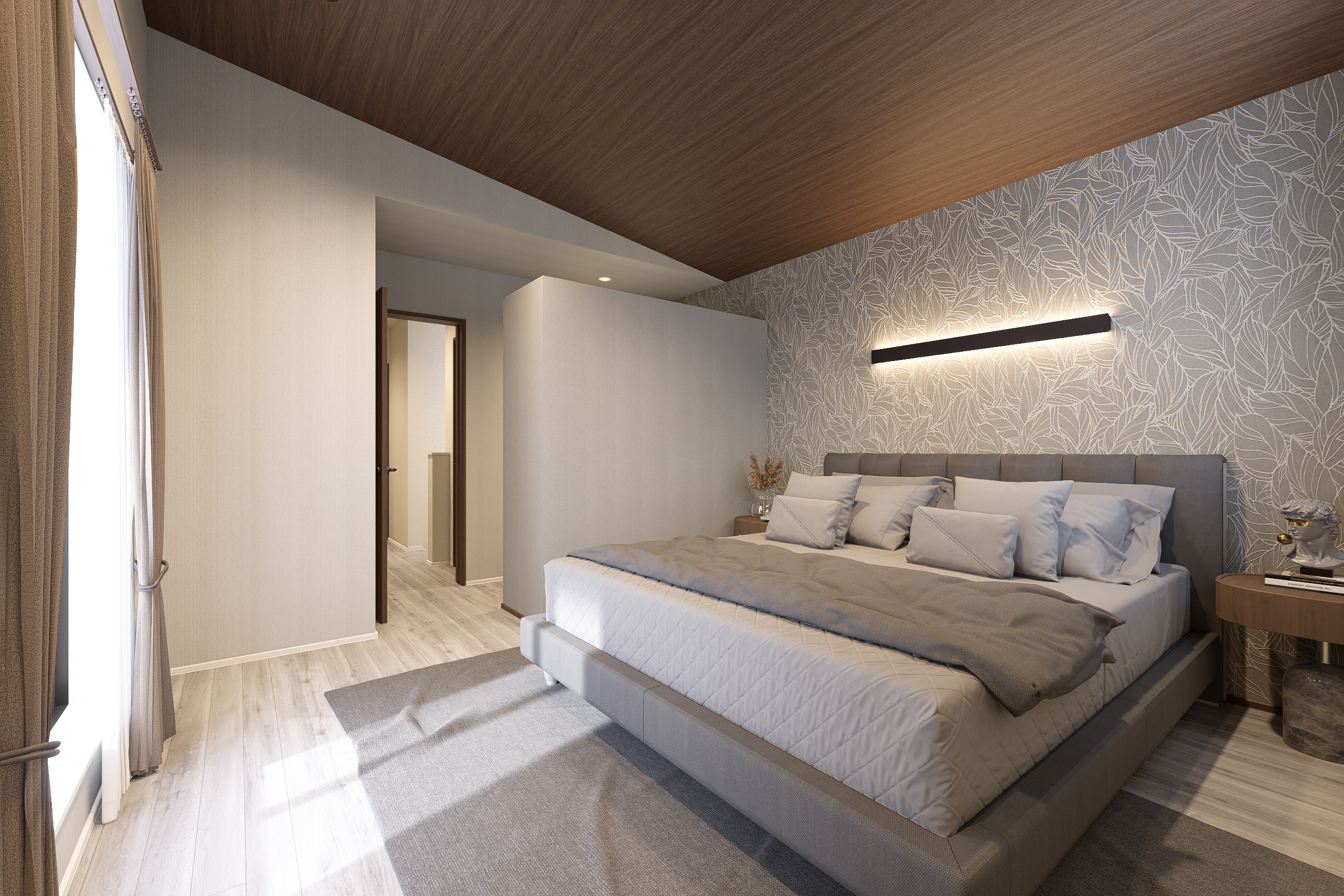 T-5／木目調の勾配天井が、空間に奥行きと開放感を。視線が上へ抜ける設計が、9帖超の広さをさらに贅沢に変えていきます。