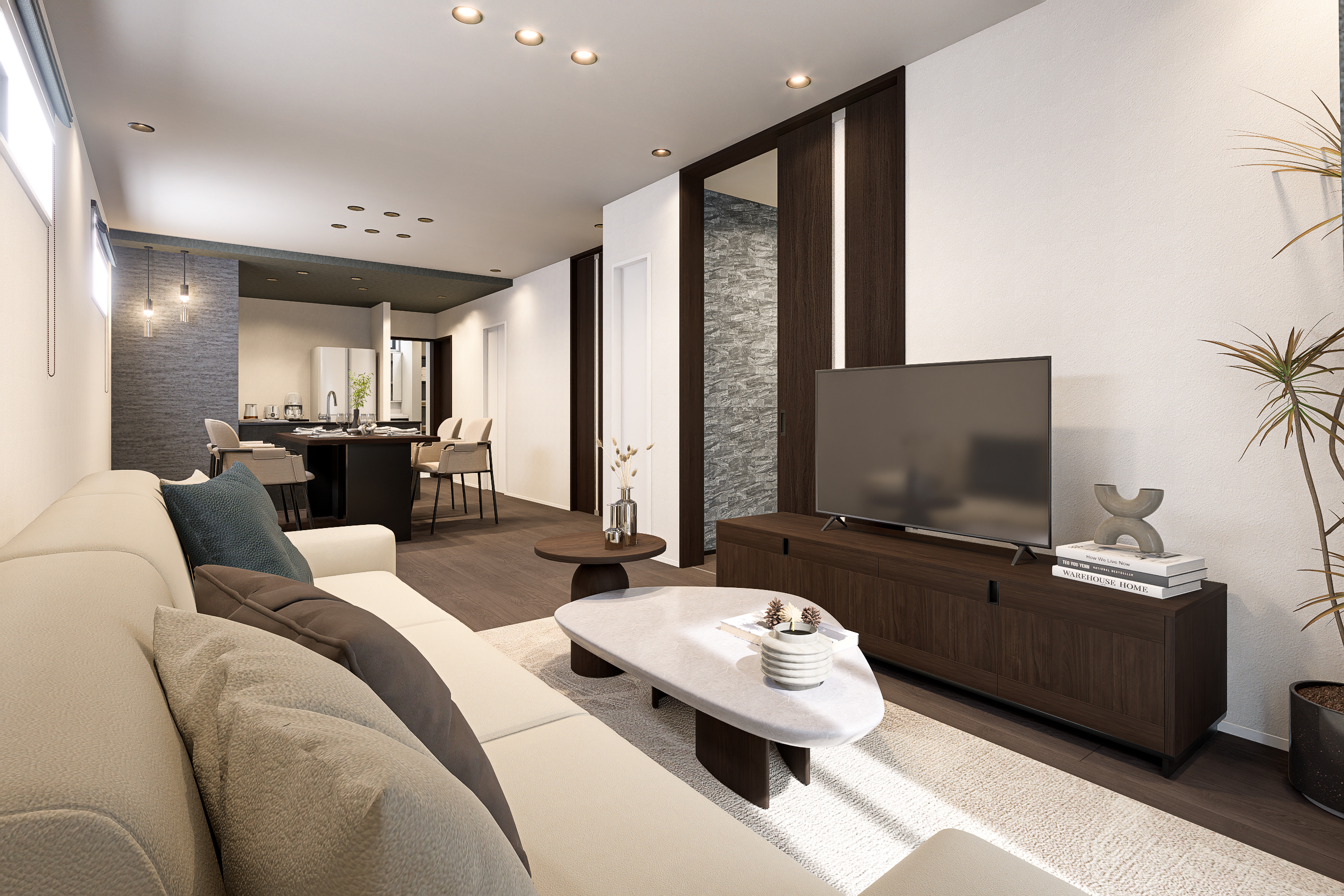 T-1/ライムドオークのフローリングに深みのあるブラックの建具、淡いトーンのクロスが美しいグラデーション。