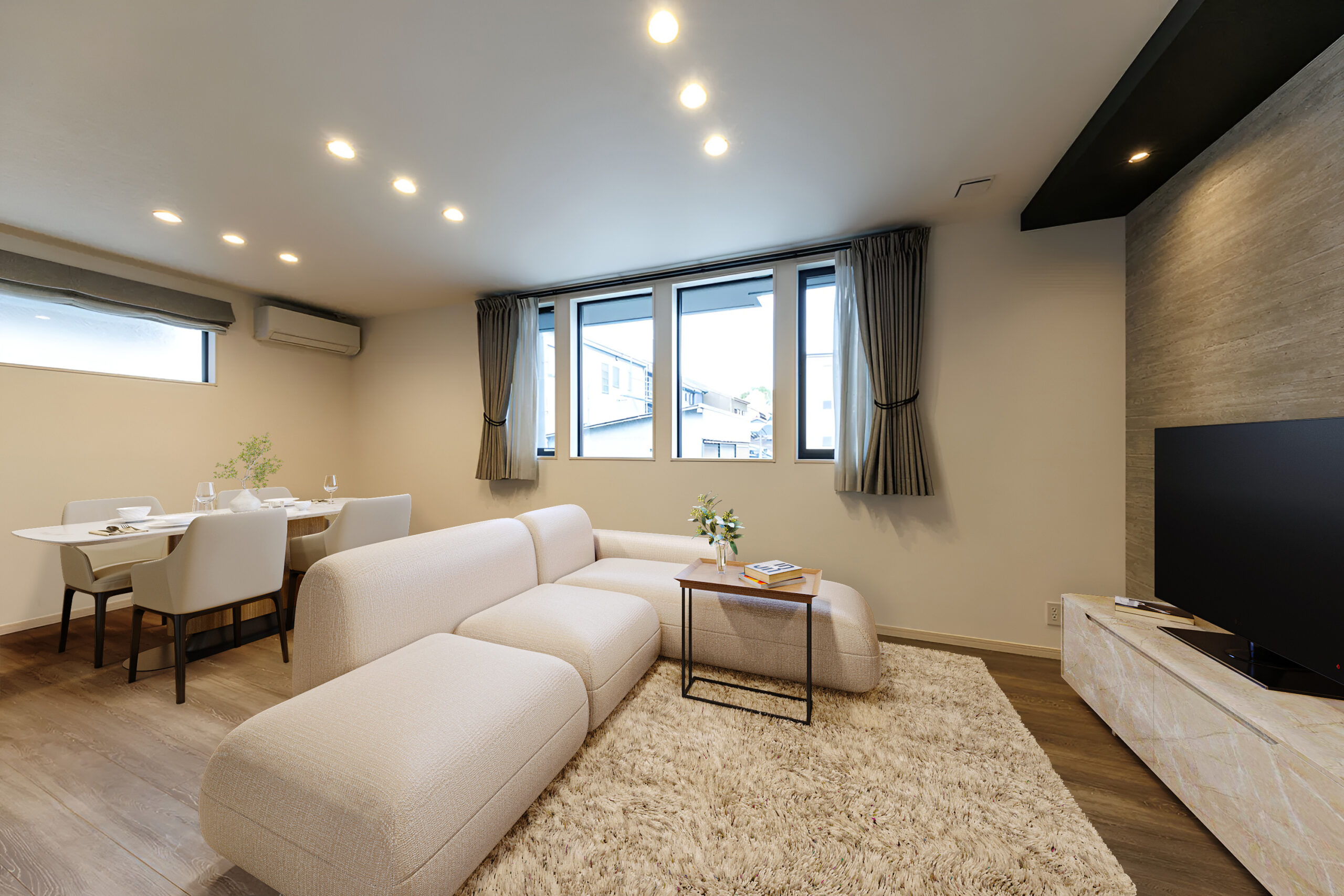 T-1／角地＆ワイド間口という好条件が揃った快適な間取りプラン。明るい陽差しが燦々と照らす、爽やかな空間。 ※家具はCGです