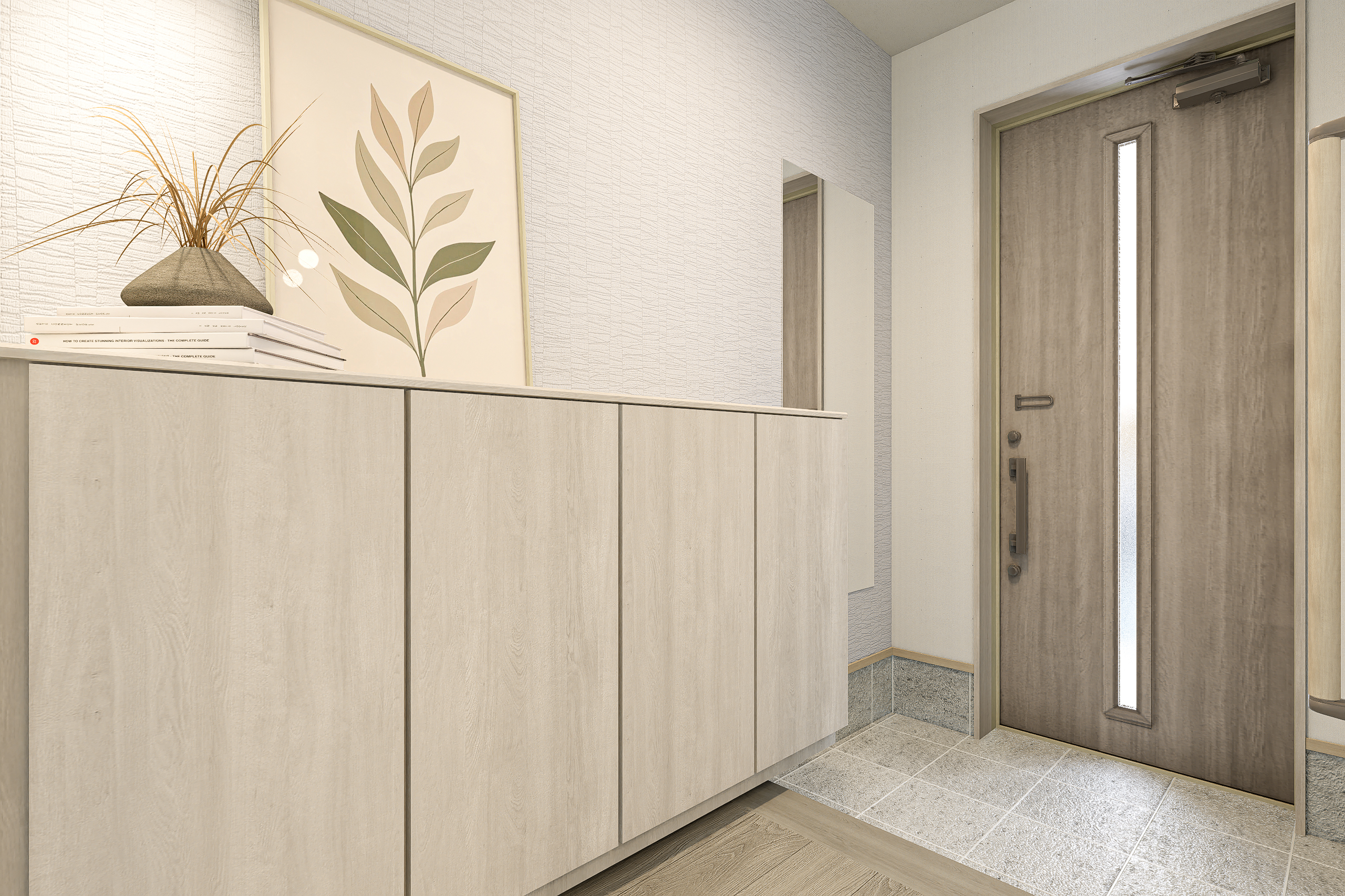 T-2/ライトグレージュと天然石調のタイルで表情豊かに彩る玄関が1日の始まりと終わりに心地よく出迎えてくれます。