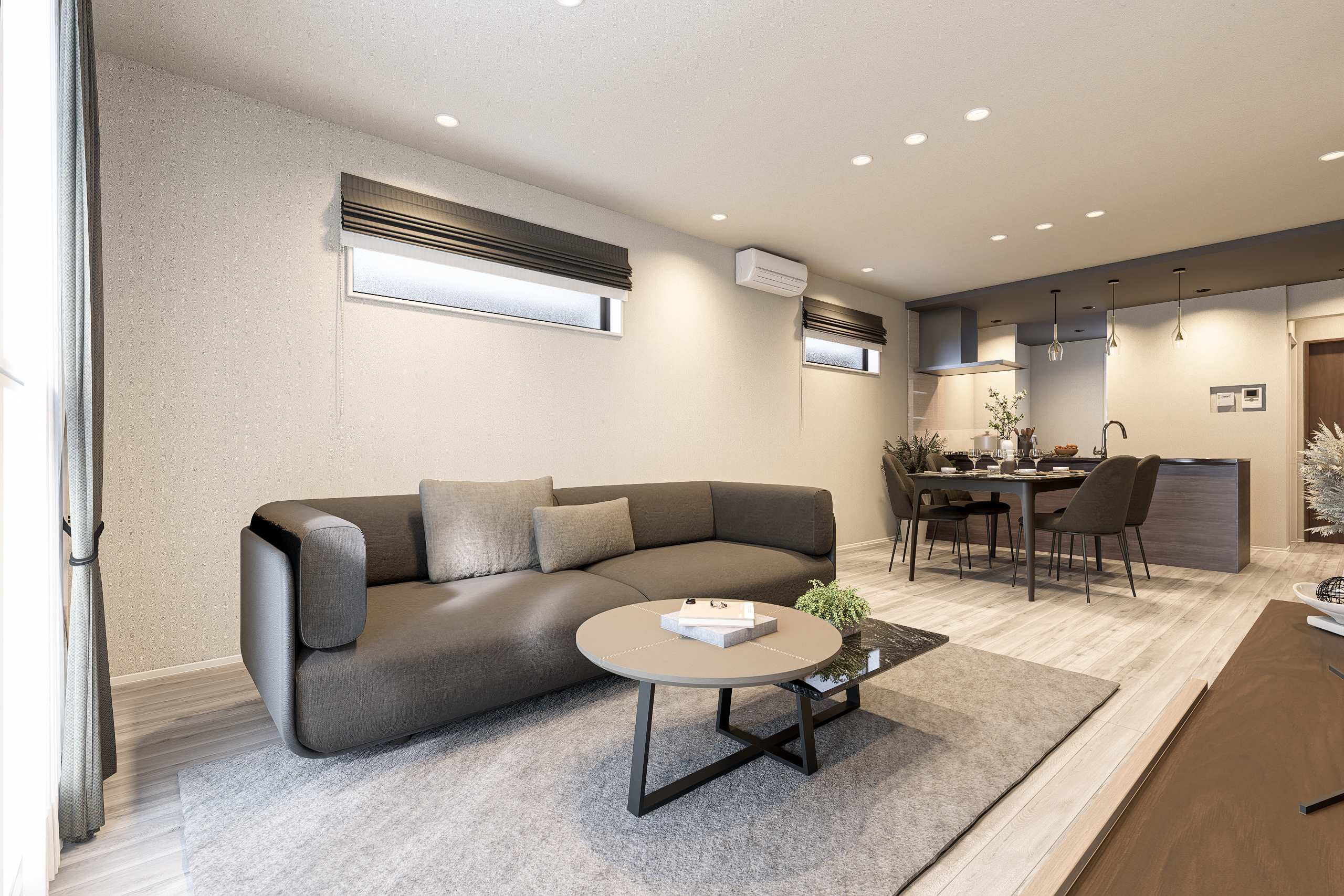 T-5／20.3帖の大空間が叶える開放的な暮らし。急な雨でも安心なインナーバルコニーと、家を美しく保つ充実の収納計画。ゆとりある広さが、家族の理想を自由な形に変える住まいです。