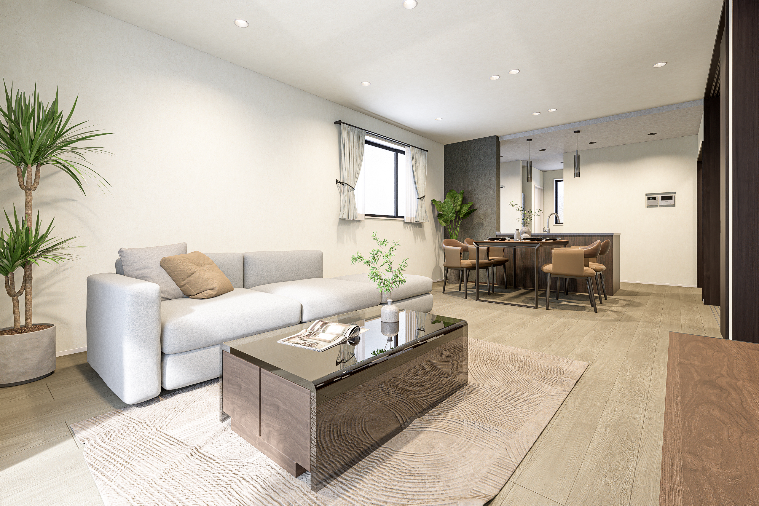 T-6／南西角地がもたらす、光と風の特等席。23.6帖の大きなLDKと大型バルコニーが、外と中を心地よく繋ぎます。角地ならではの開放感を享受する、伸びやかな邸宅です。