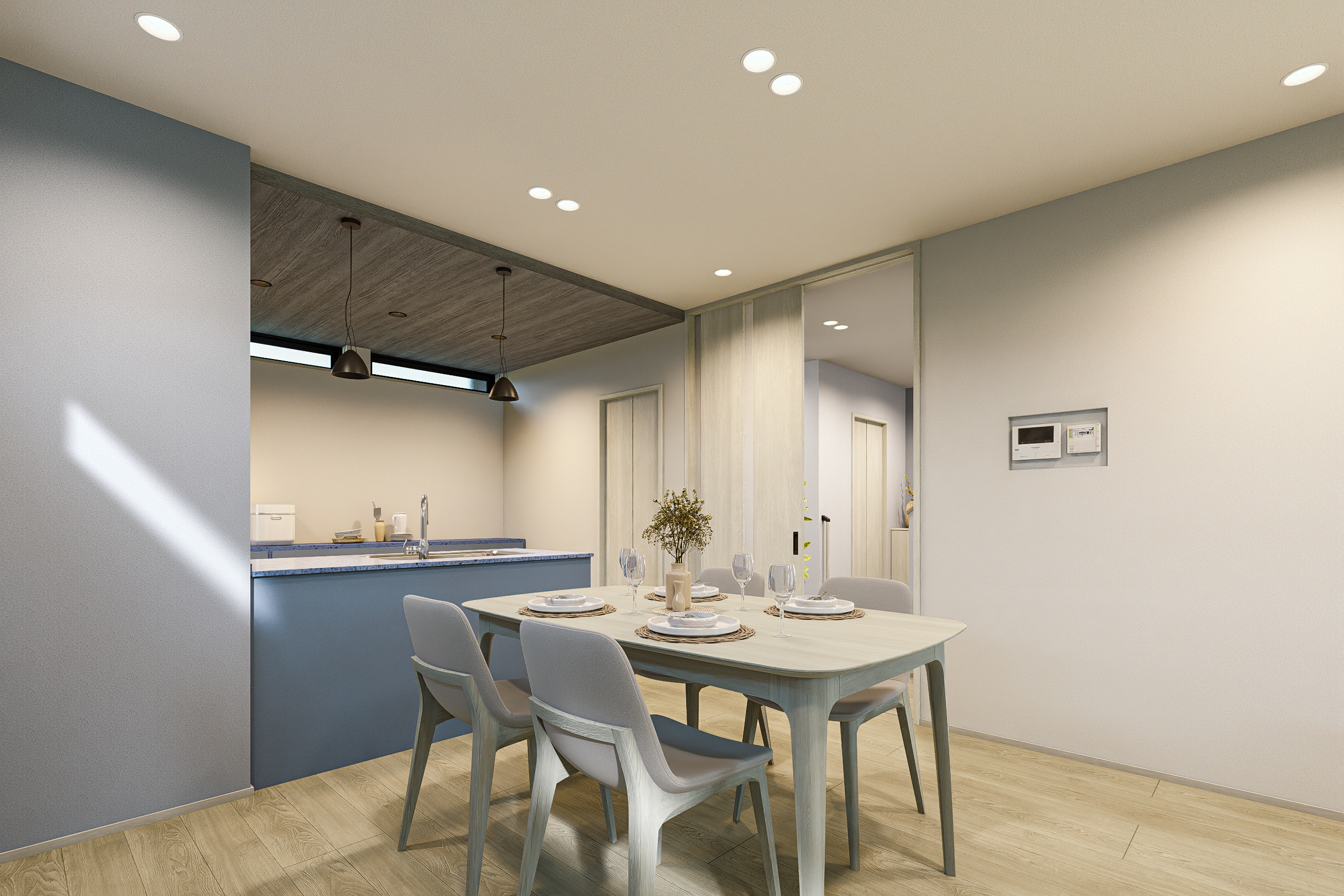 T-1／木目調の折下げ天井がカフェのような温もりを演出。食卓を囲む家族の会話が弾みます。