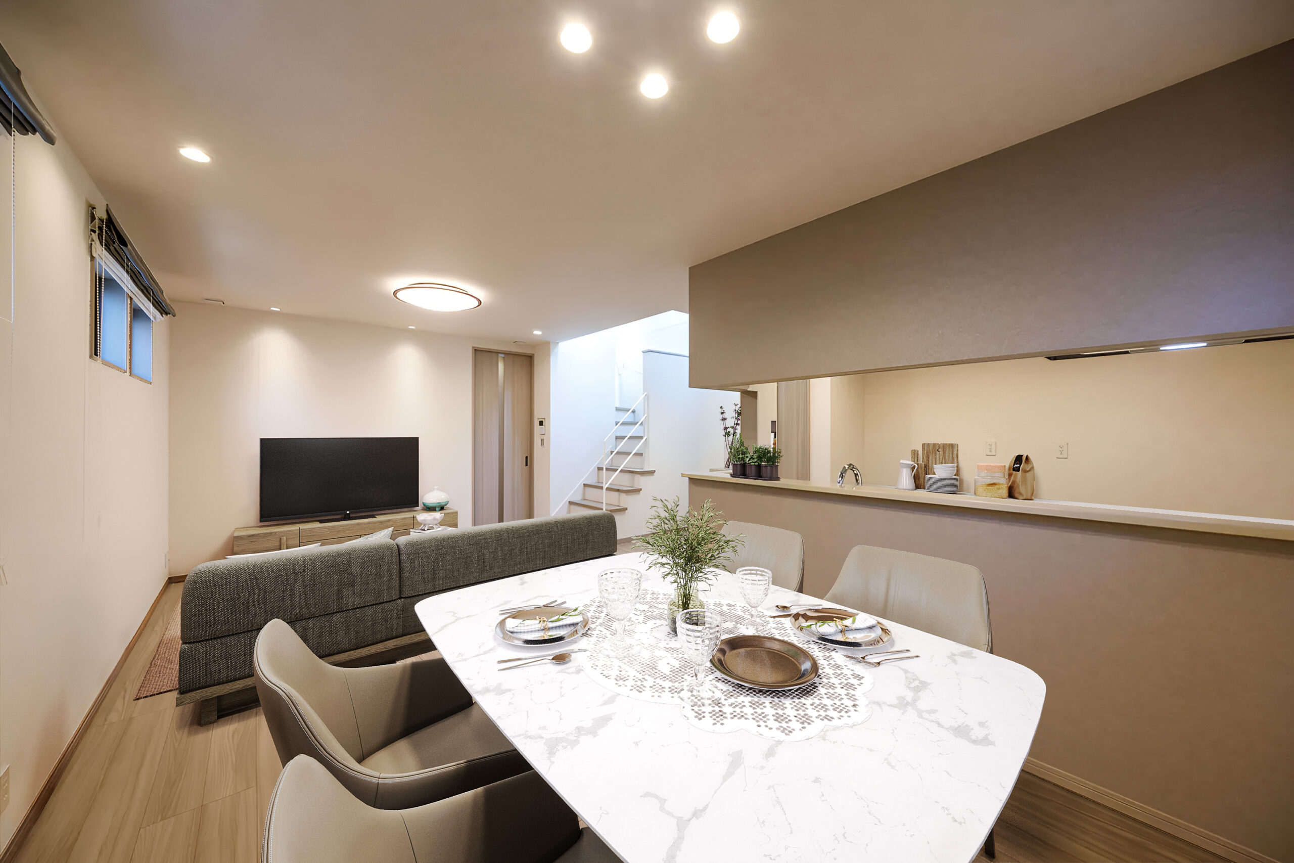 T-1/グレージュカラーのLDK。インテリアやファブリックの色を選ばないのでコーディネートがしやすいのもポイント。 ※家具はCGです