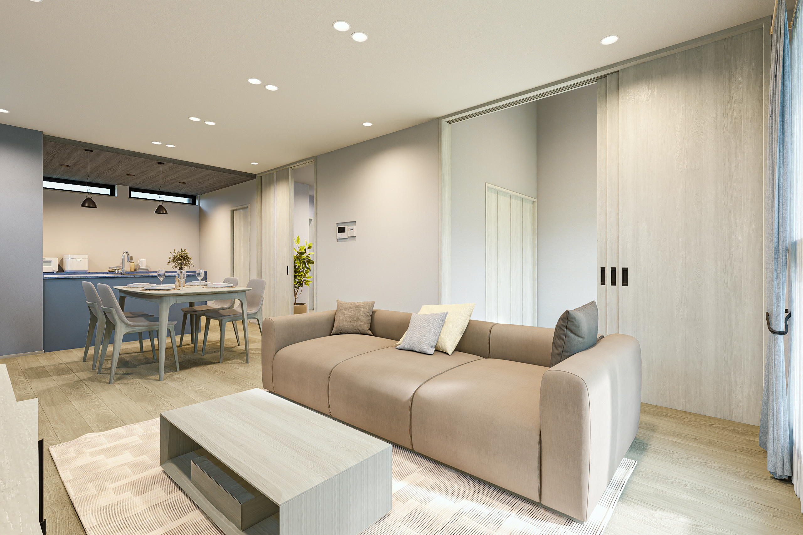 T-1／23.5帖の大空間LDKで家族が自然と集まる暮らしを実現！南向きの陽だまりで、心地よい開放感に包まれる理想の住まいです。