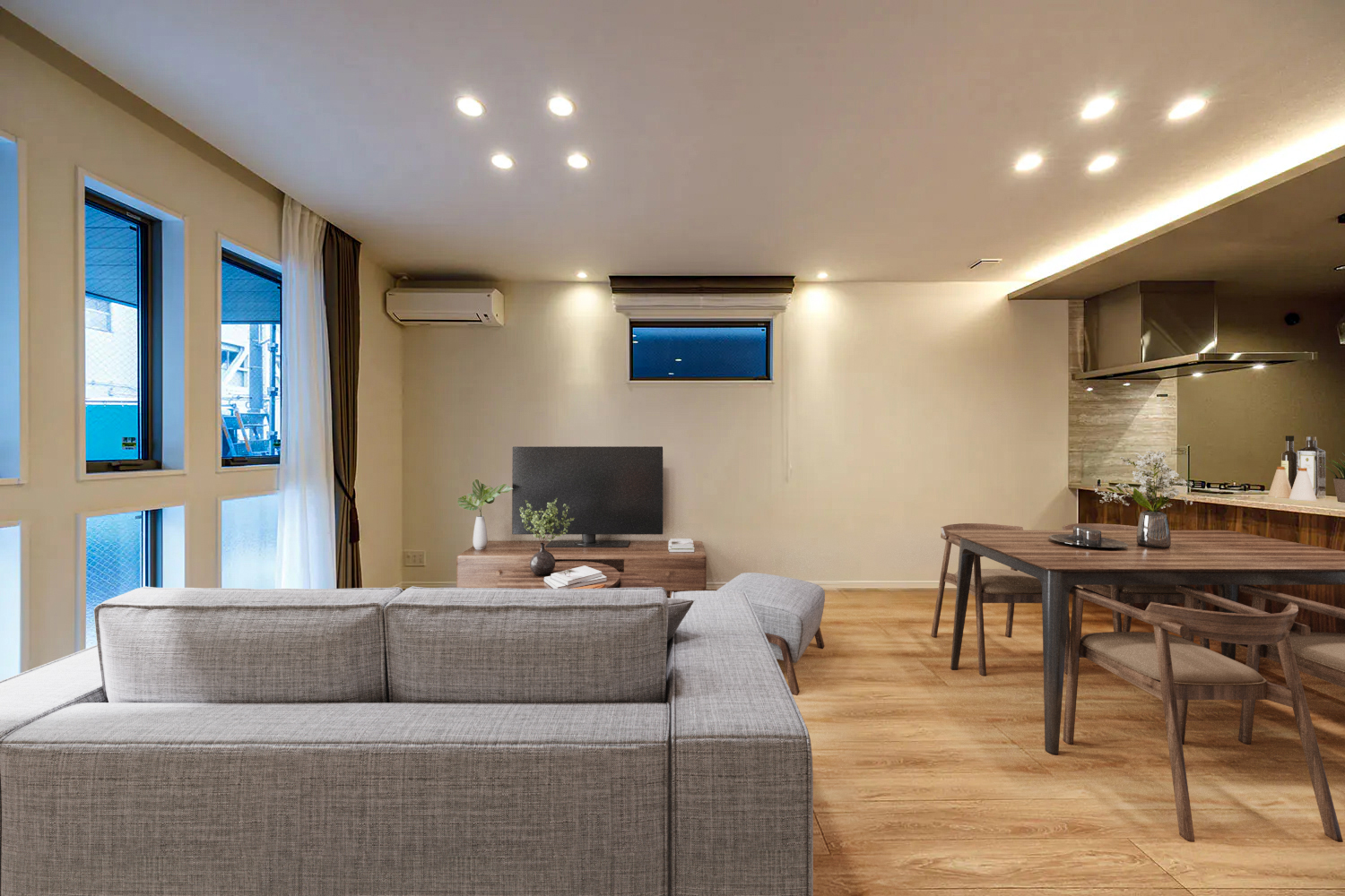 T-1/汚れに強く、傷がつきにくいカフェオーク柄のフローリングは、傷に強く、安心の低VOC仕様です。 ※家具はCGです