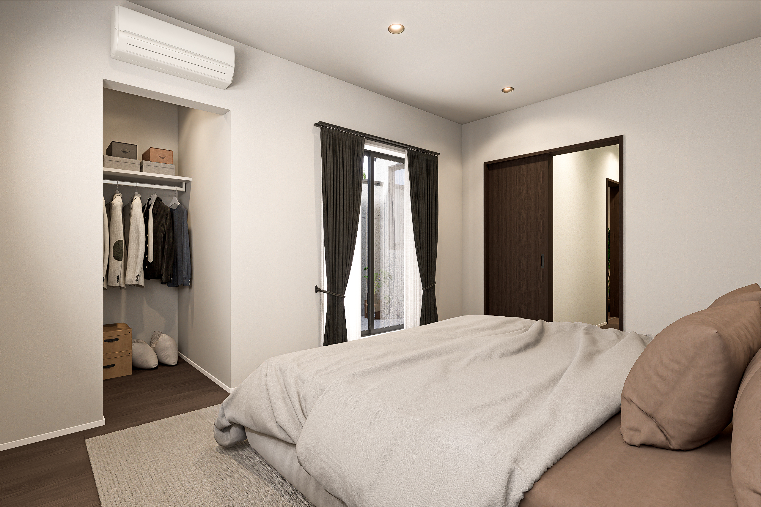 T-1/バルコニー・WICが併設された主寝室は9.0帖とゆとりある広さがあり、ベッドなどを置いても余裕があります。