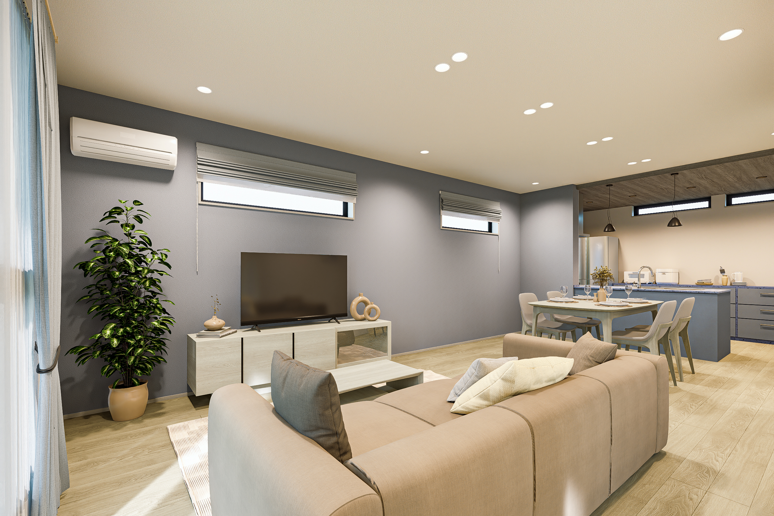 T-1／壁一面を彩るアクセントウォールと、天井をスッキリ見せるダウンライトが演出する洗練された空間です。