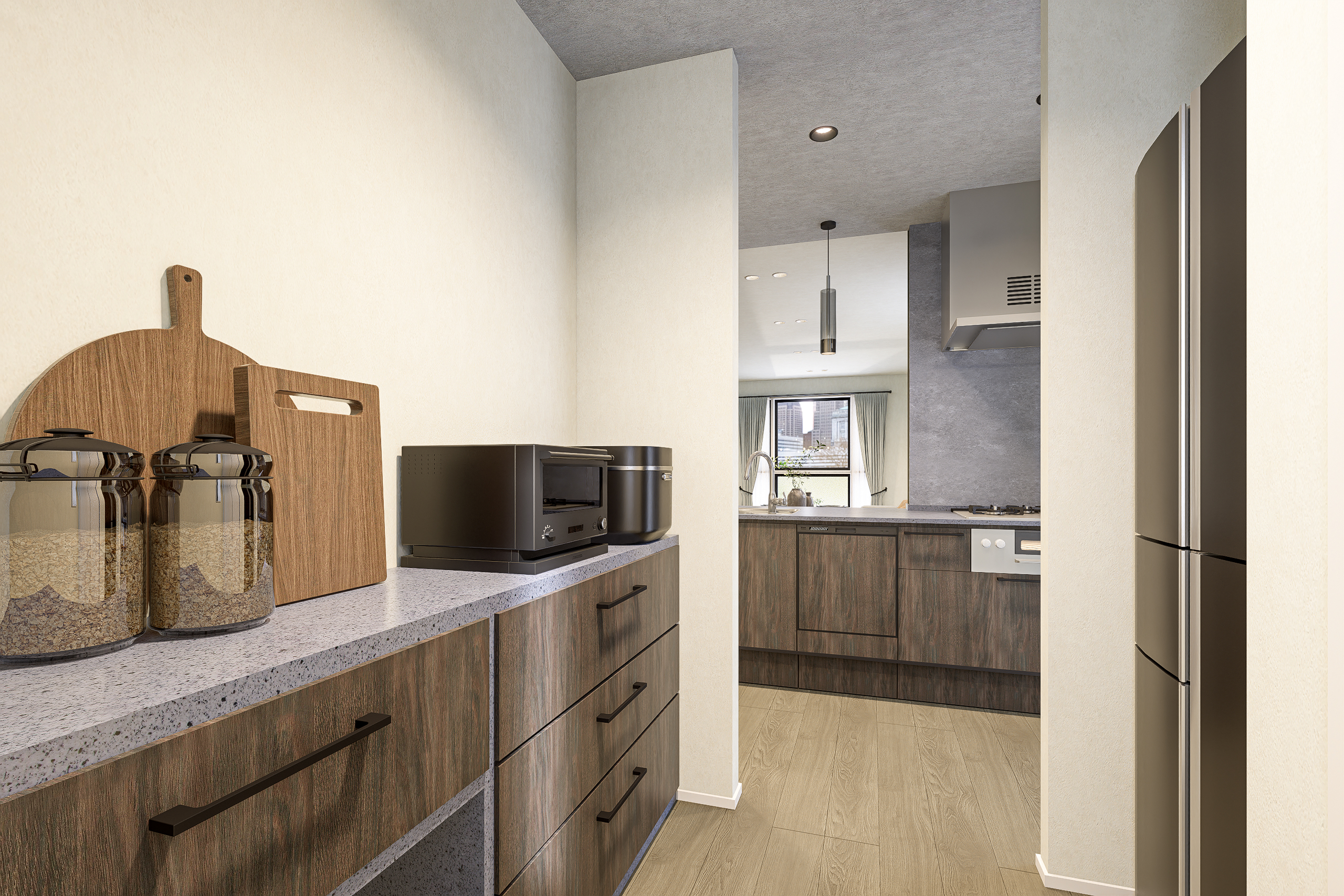 T-6／ゲストを招いても、キッチンは常に美しく。カップボードや冷蔵庫を死角に配置し、生活感をさりげなくカット。