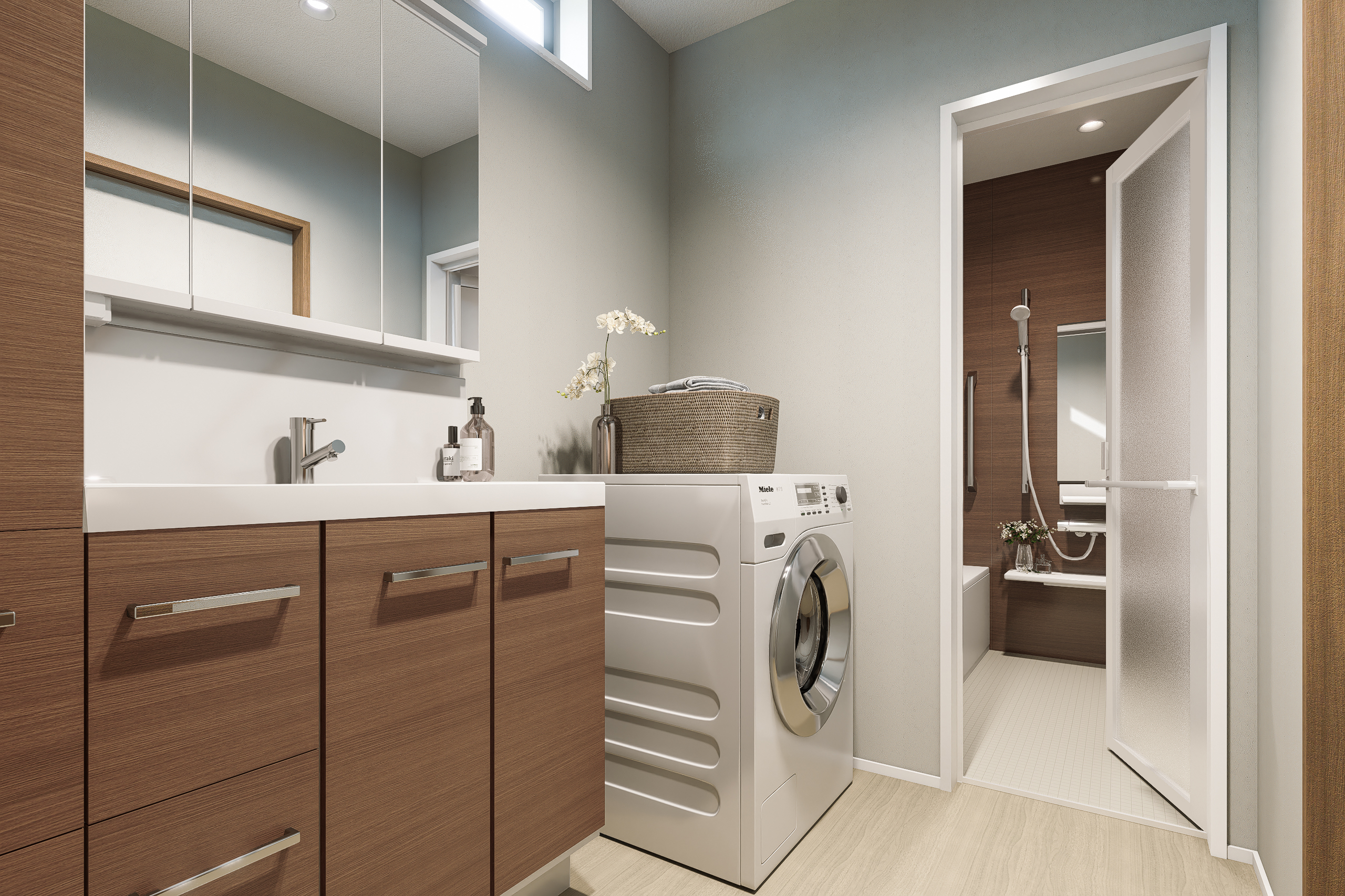 T-3/広くスクエアな設計で使いやすい洗面ボウルにシャワー付きシングルレバー水栓で便利さをプラス。