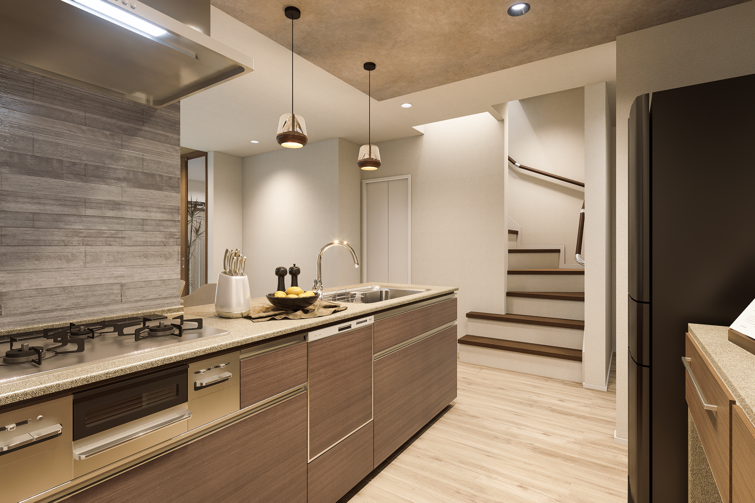 T-3/シンプルなデザインながら遊び心のある模様のフィオレストーンを取り入れた奥行きのあるキッチン空間。