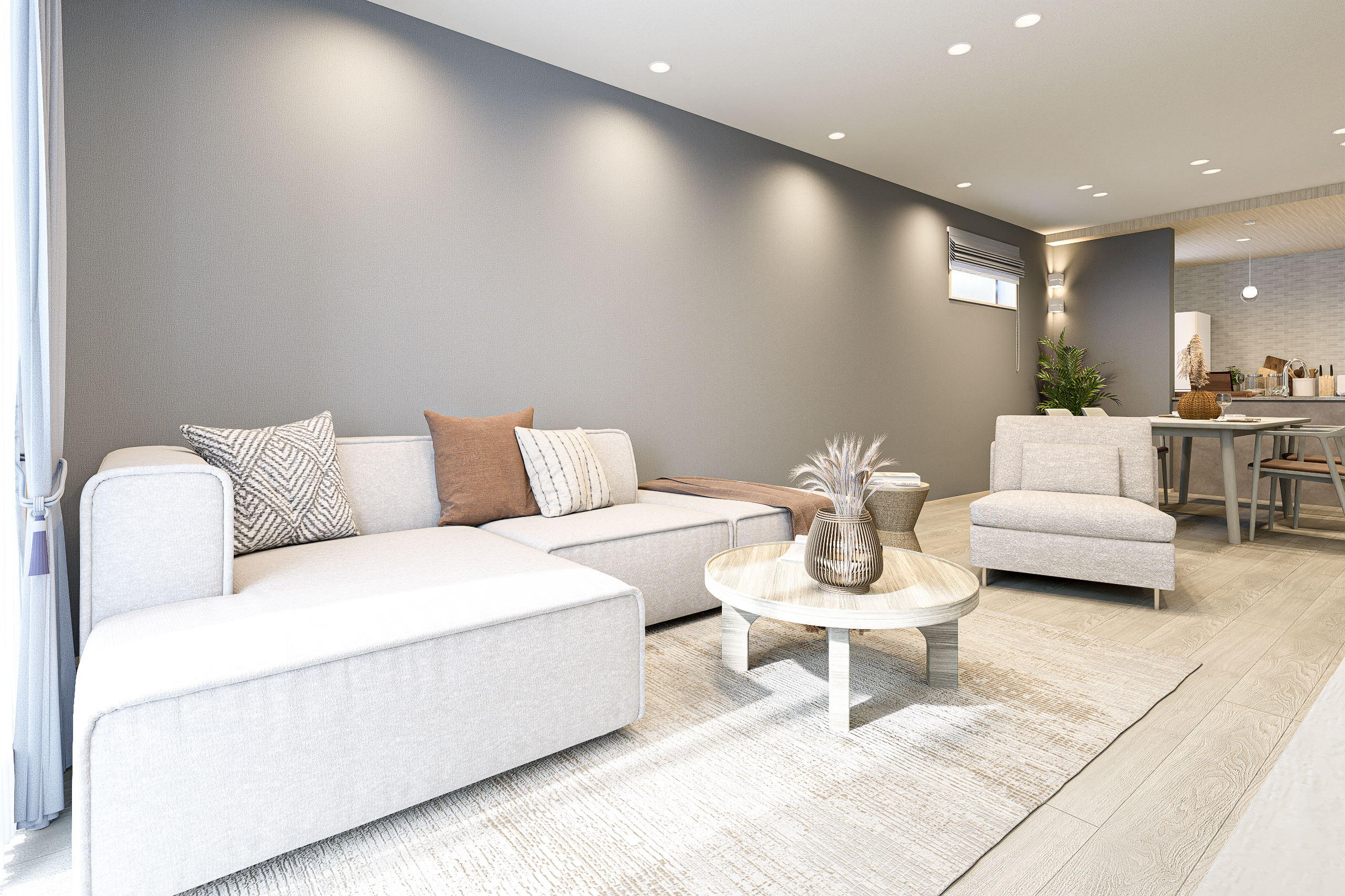 T-2/グレーのアクセントクロスがワンポイントに。集光型の照明がまるでギャラリーのような佇まいを演出します。