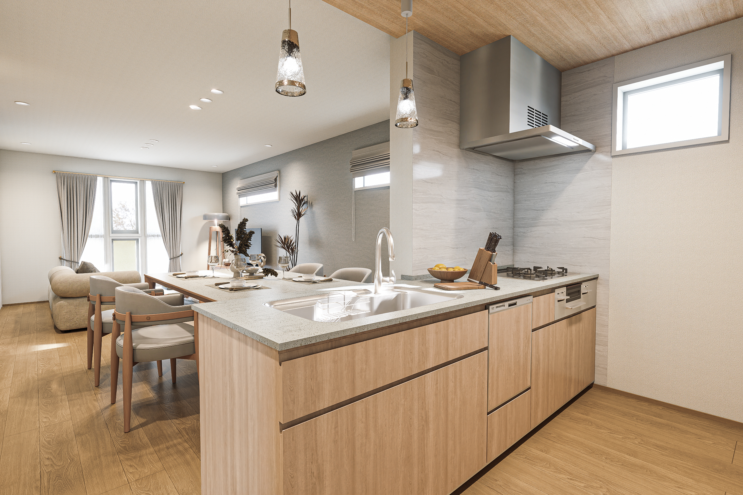 T-2／フラット対面キッチンは、料理中も遊ぶお子様を見守るとこができるので、安心して家事ができます。