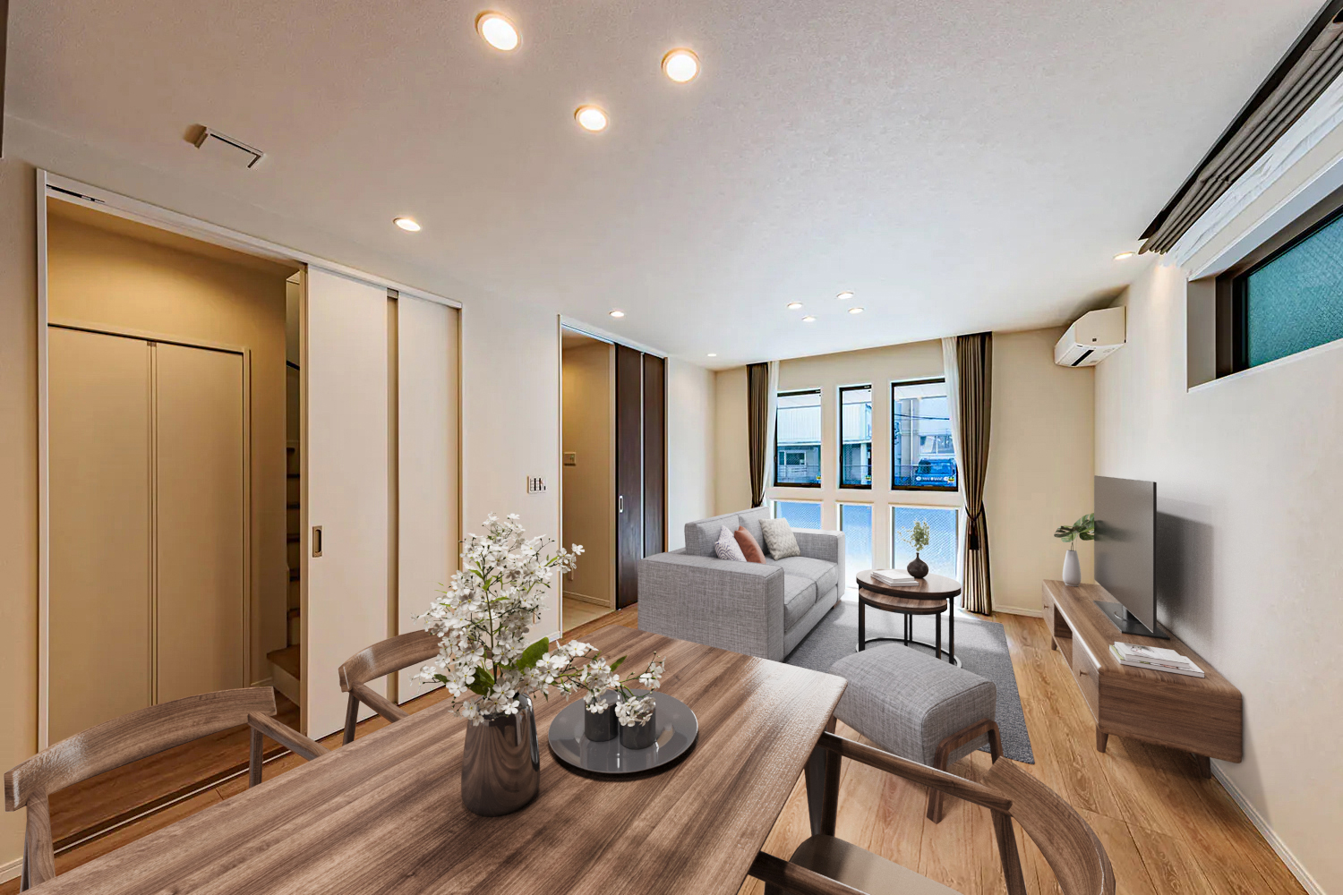 T-1/どんなライフシーンにもマッチする、プレーンで奥行きのある空間。お好みに合わせてレイアウト可能。 ※家具はCGです