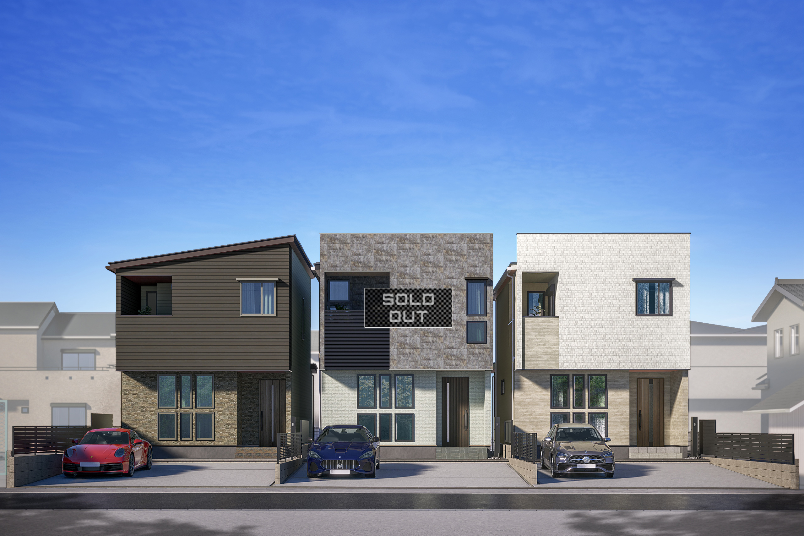 T-1、T-2(ご成約済み)、T-3/南向き&LDK19帖超!親水コートの外壁は雨で汚れを洗い流すことで美しさをキープ。