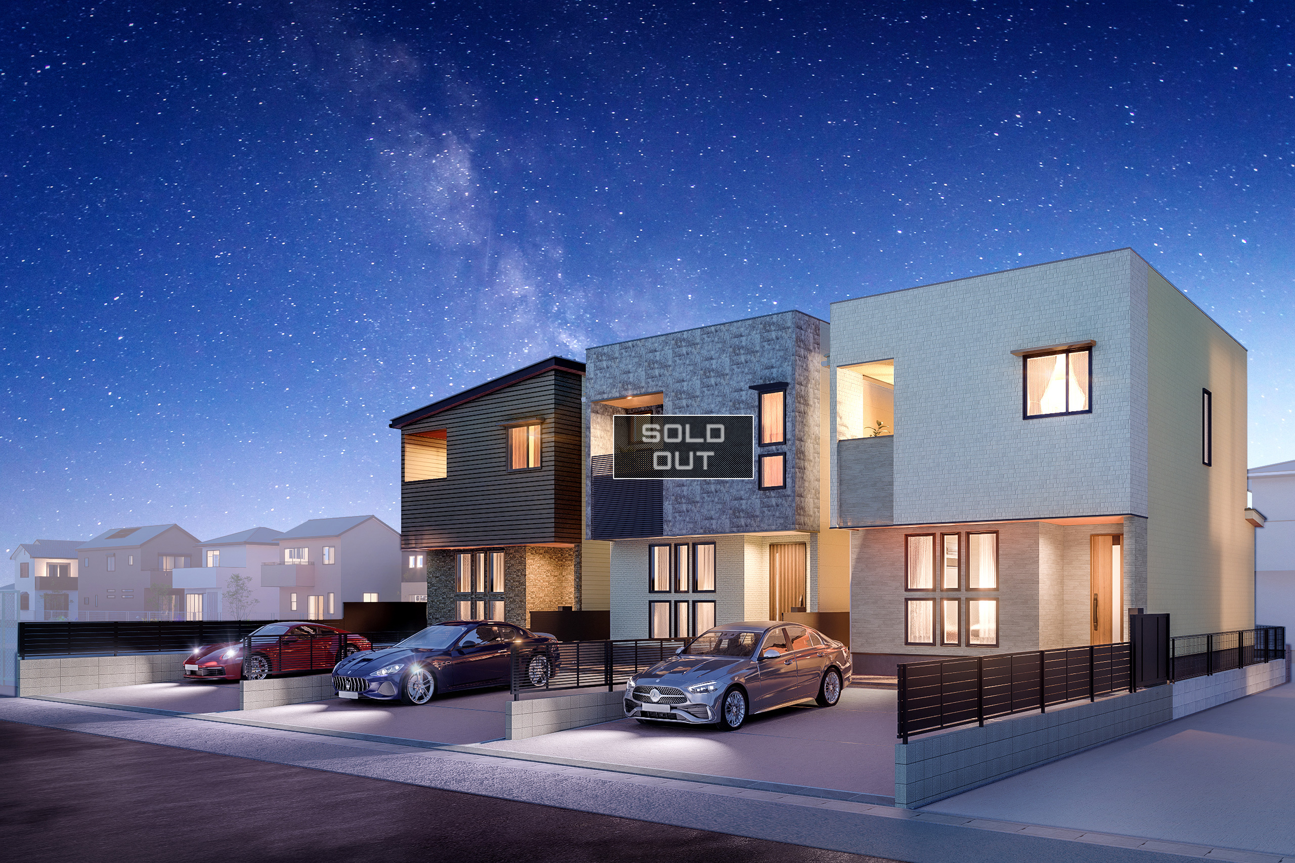 T-1、T-2(ご成約済み)、T-3/夜間外観完成イメージ