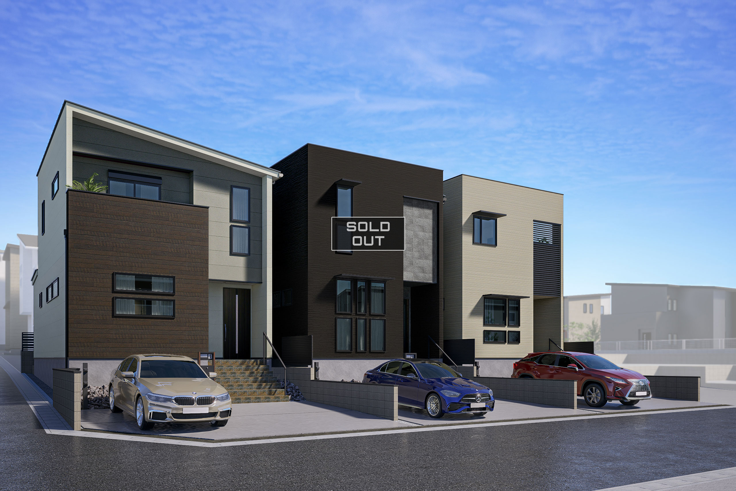 左からT-1、T-2(ご成約済み)、T-3/外観完成イメージ