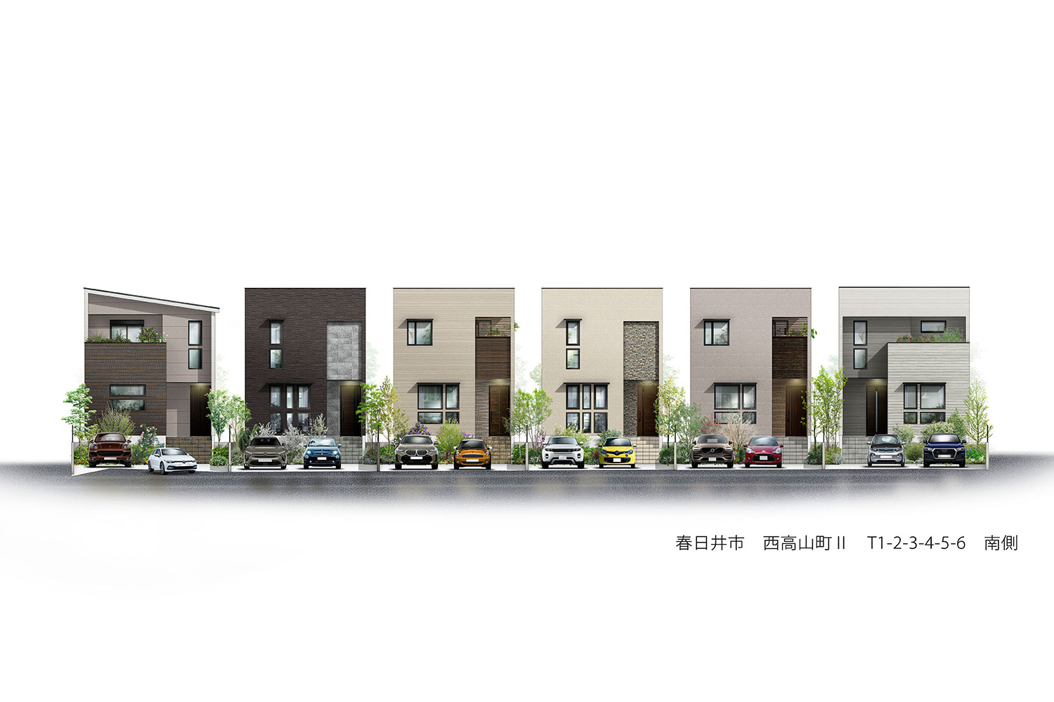 左からT-1、T-2、T-3（第1期）、T-4、T-5、T-6（第2期）／全棟南向き！充実の住環境で便利な暮らしが実現。