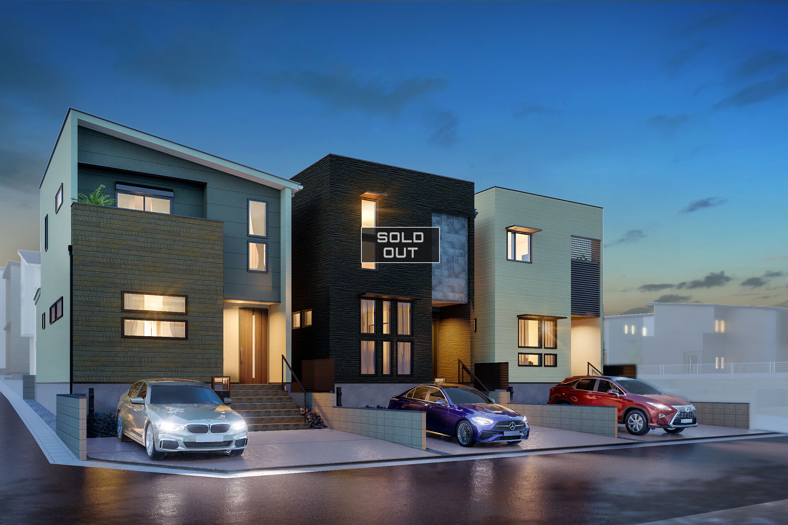 左からT-1、T-2(ご成約済み)、T-3/夜間外観完成イメージ