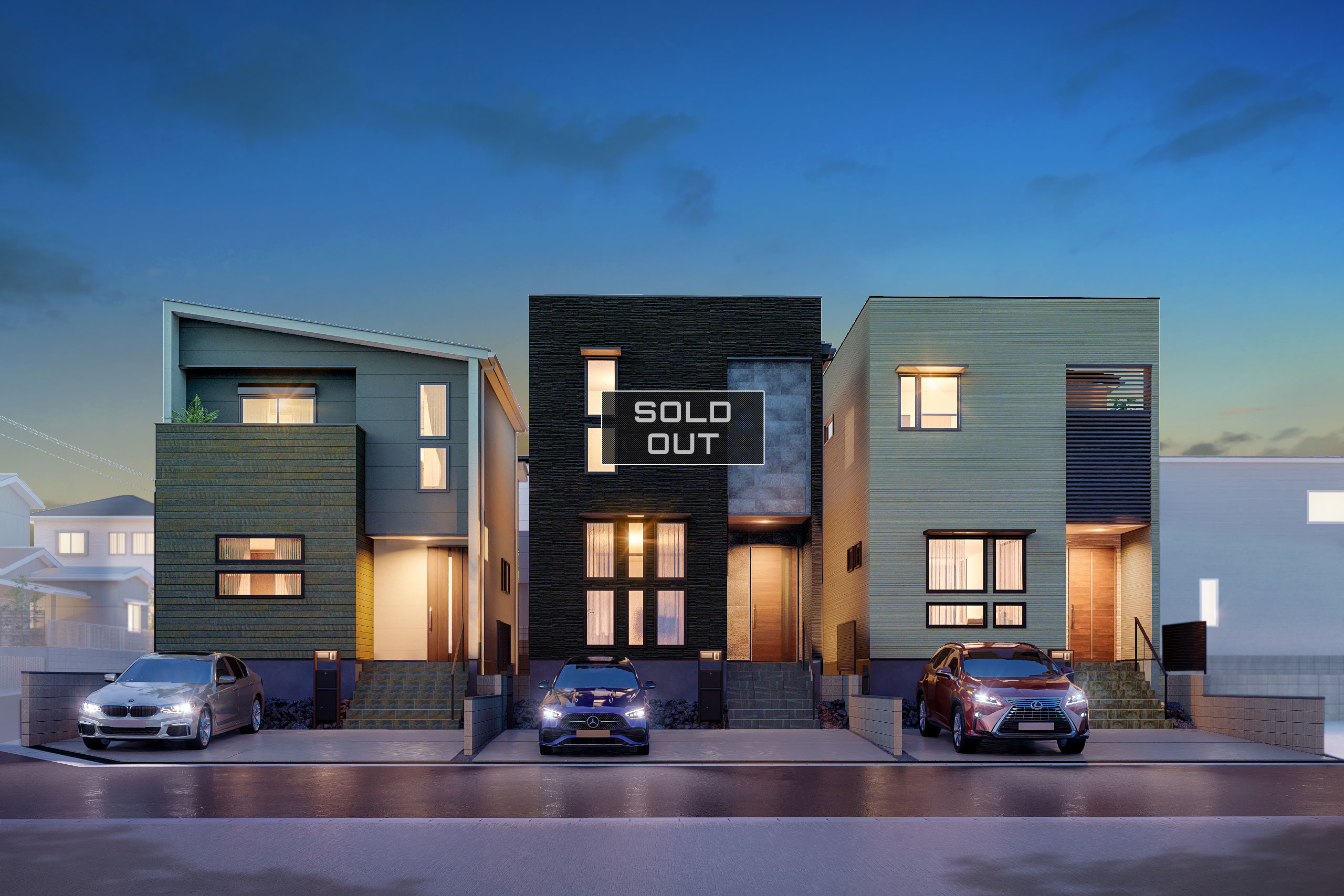 左からT-1、T-2(ご成約済み)、T-3/充実した暮らしが叶う利便性の良い分譲地。